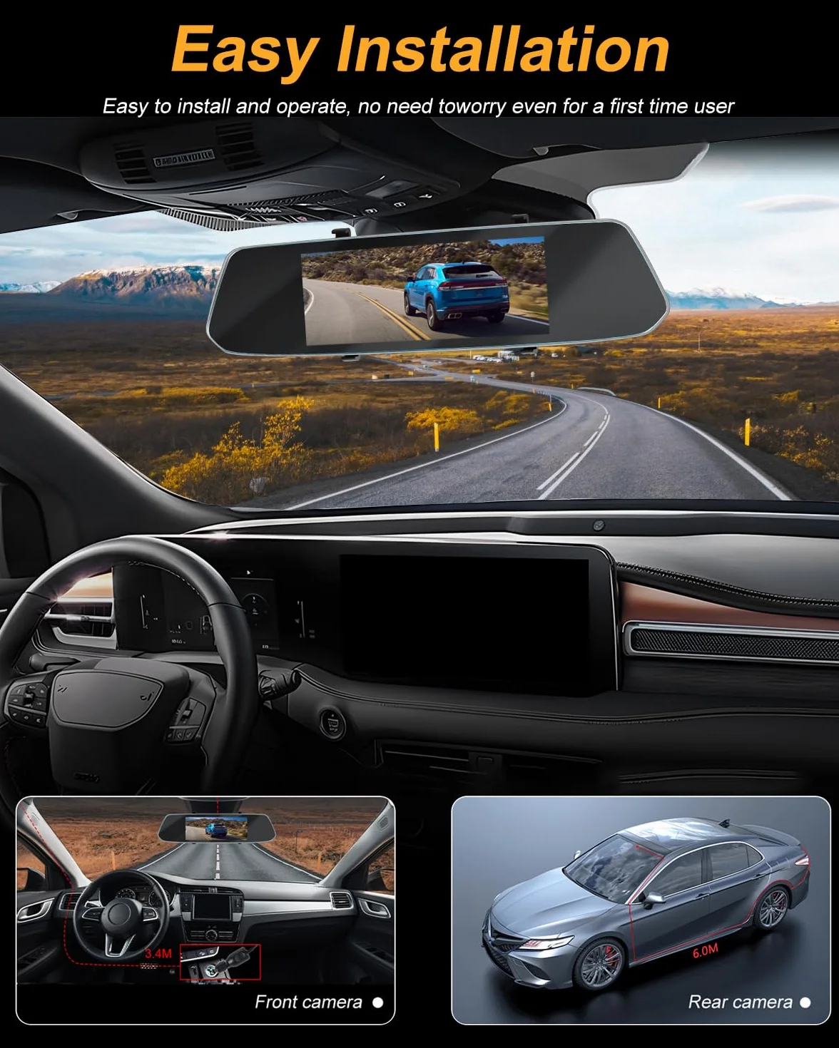 NHOPEEW Dash Cam a specchio da 7 pollici con doppia telecamera anteriore e posteriore - Sensore di gravità/registrazione in loop/rilevamento del movimento/monitor di parcheggio + scheda SD da 64G