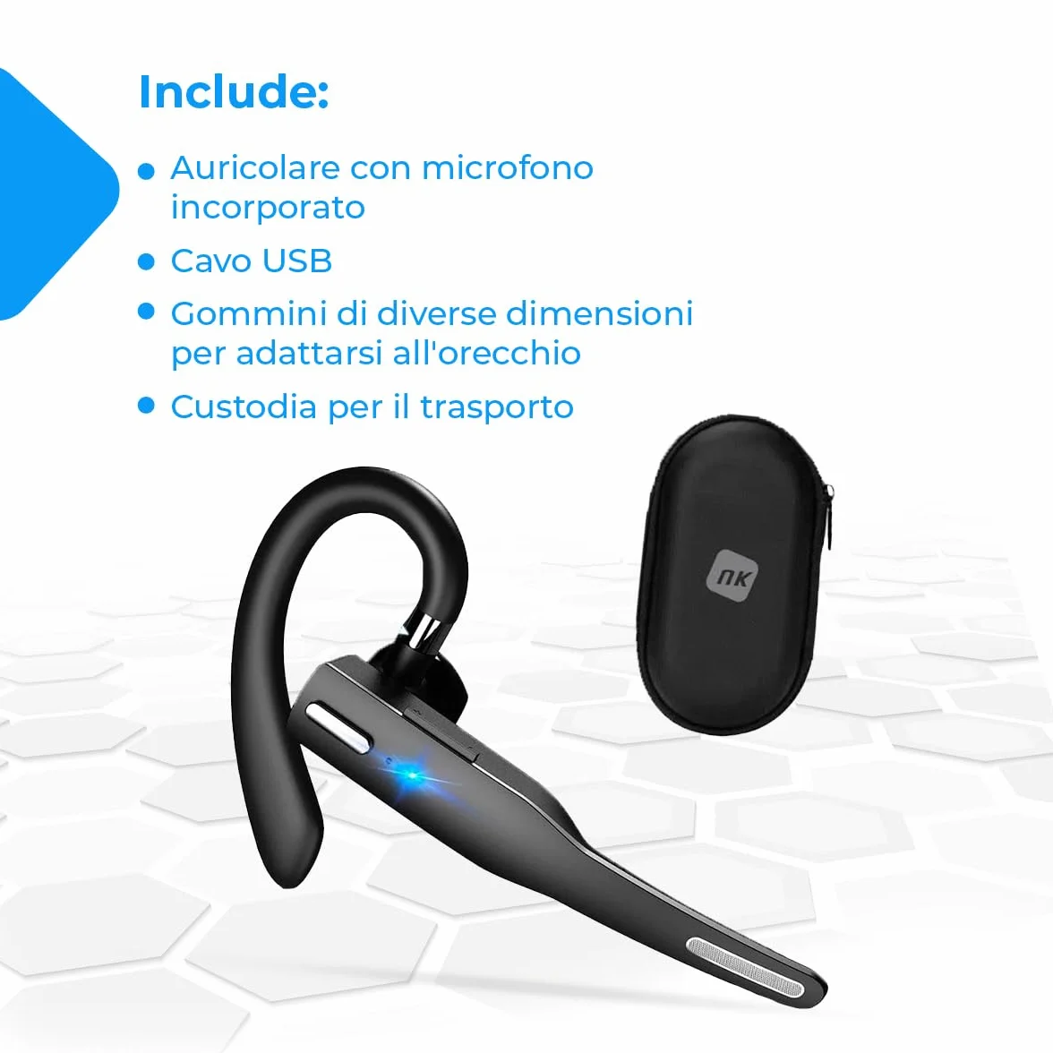 NK Auricolare Bluetooth Singolo Cuffie Bluetooth V5.1 con Microfono e Cancellazione del Rumore, Connessione a Doppio Dispositivo per iPhone, Android e PC - Include Custodia per il Trasporto