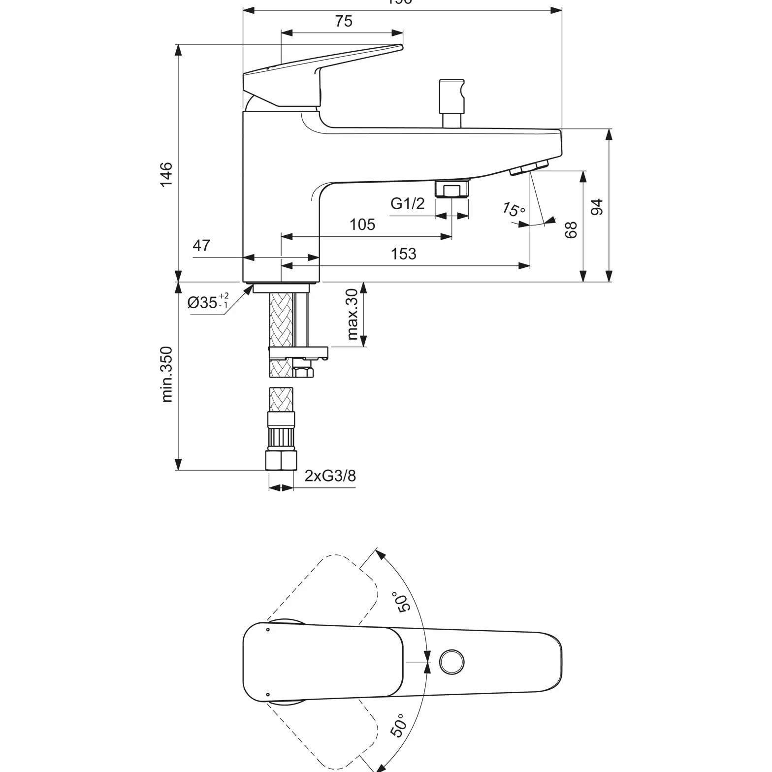 Ideal Standard - Ceraplan, Miscelatore monocomando per vasca da bagno, Due vie, Cromato
