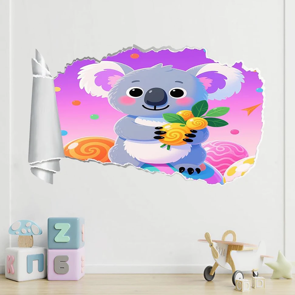 Adesivi Murali Murales Fracassati 3D Koala Decalcomanie Per Pavimenti In Impermeabile Animali Carini Per La Camera Da Letto, La Decorazione Della Parete 70X112Cm