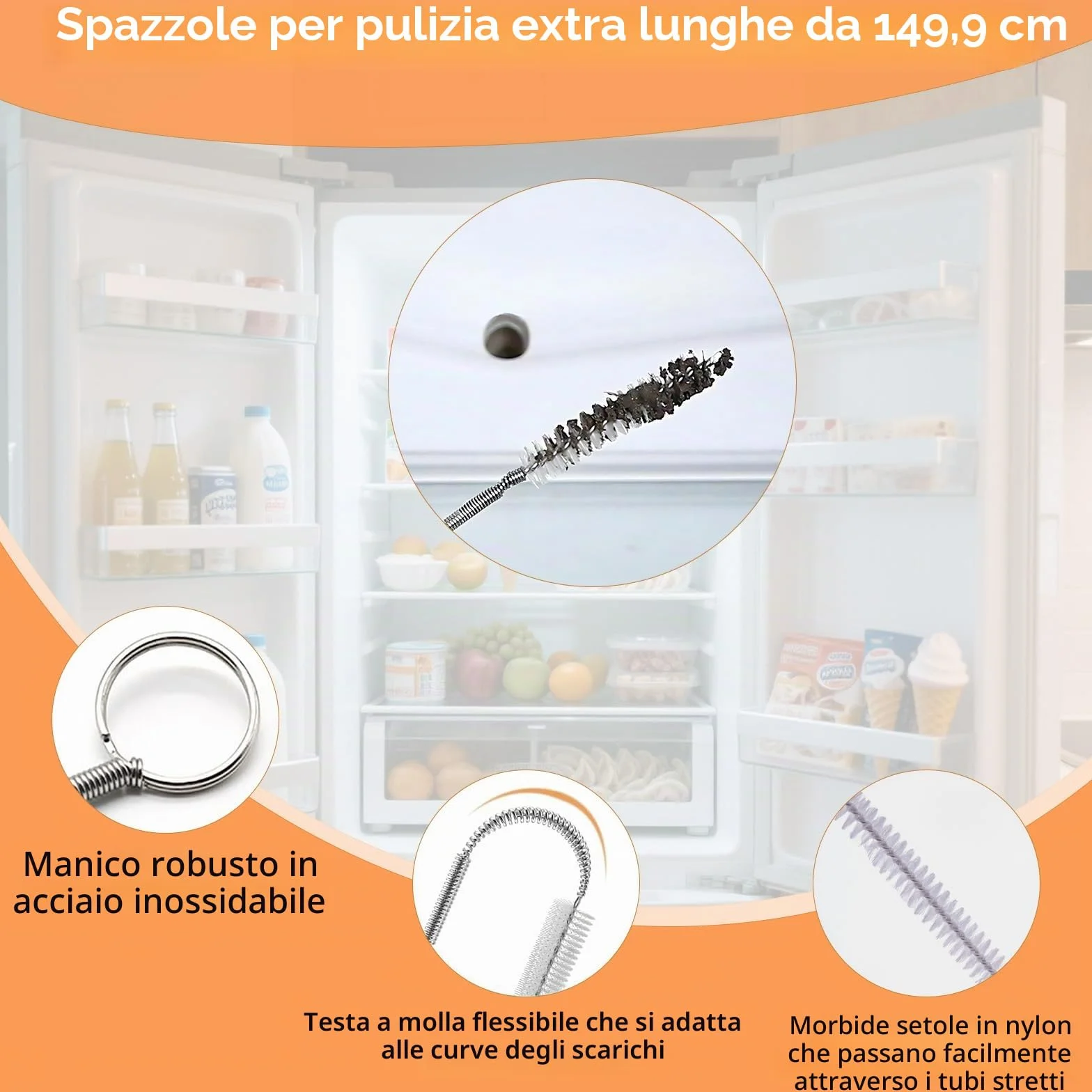 Set da 7 Stura Lavandini e Scarichi, Strumento Rimozione Capelli Serpente 76 cm + Spazzola Pulizia Flessibile 150 cm