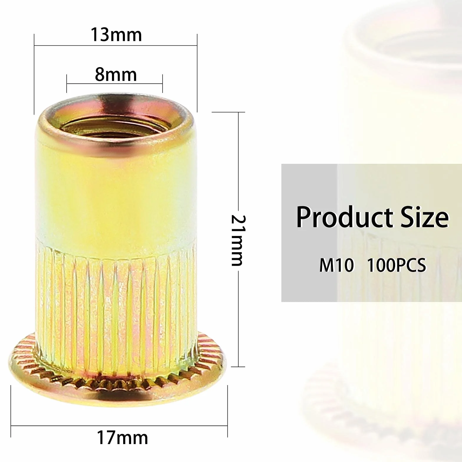 Gueenky 100 Pezzi Dadi Rivetti Filettati in Acciaio Carbonio Zincato M10 Testa Piatta 17x21 mm