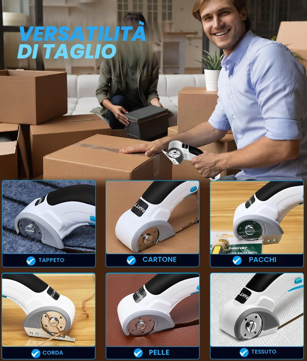 PAHTTO Forbici elettriche senza fili Taglierina rotante 4V 320 giri/min con 2 lame autoaffilanti per cartone, pelle, tessuto