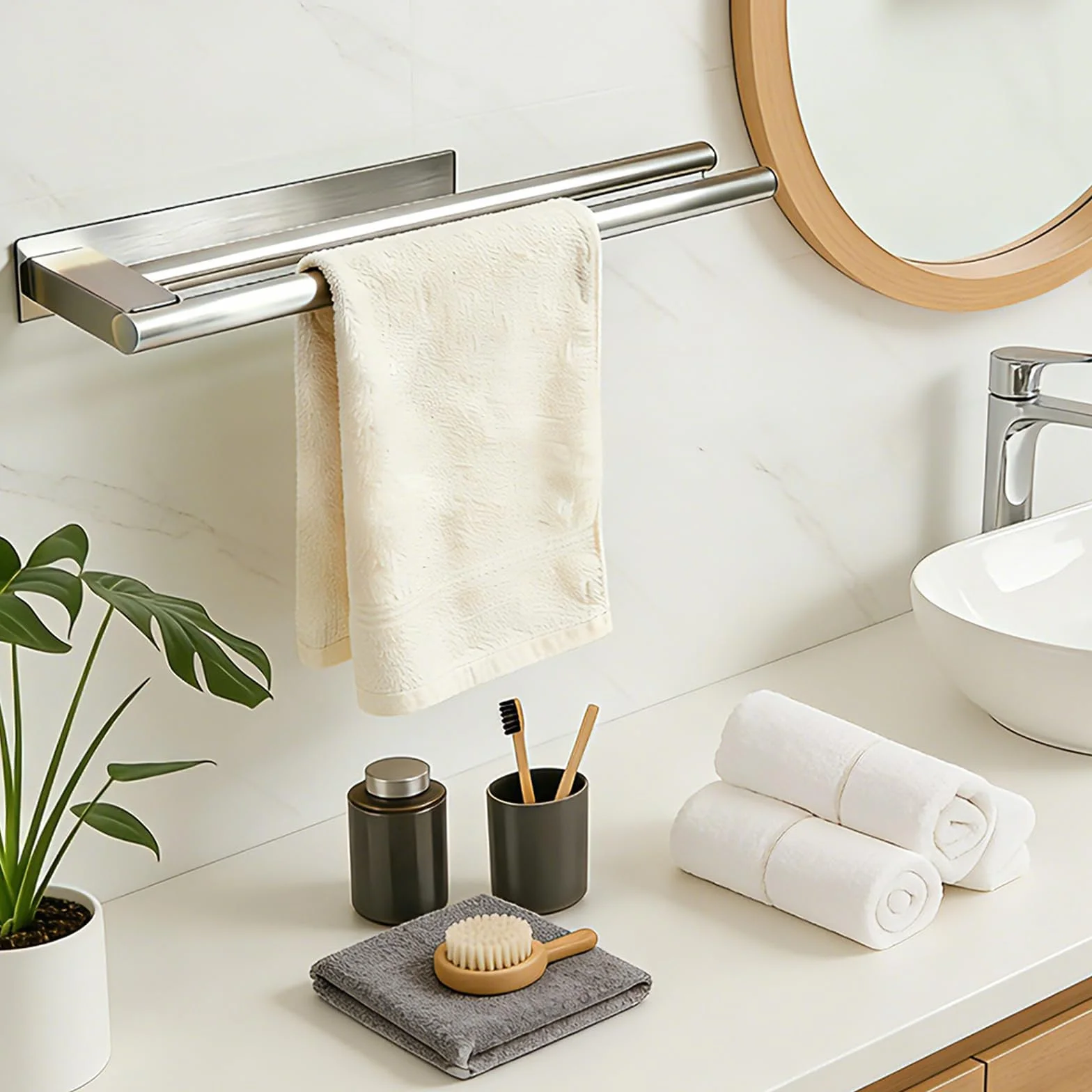 Portasciugamani Senza Foratura in Acciaio Inox SUS304 Autoadesivo 39 cm 2 Bracci Antiruggine per Bagno