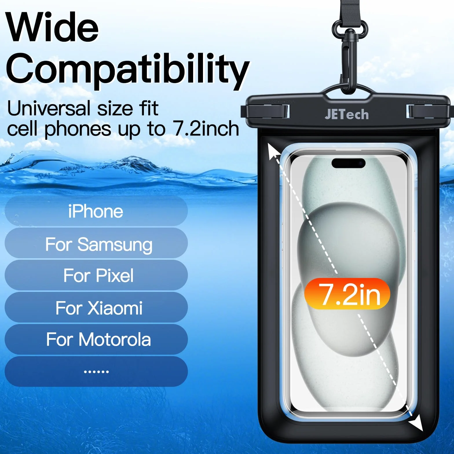 JETech Custodia Impermeabile Smartphone, 2 Pezzi Cover per iPhone 17e 17 16e 16 15 14 Air Pro Max Plus, Galaxy S26 S25 Ultra, Pixel 10 Serie e Altri Fino a 7,2", IPX8 Borsa Asciutta (Nero+Nero)