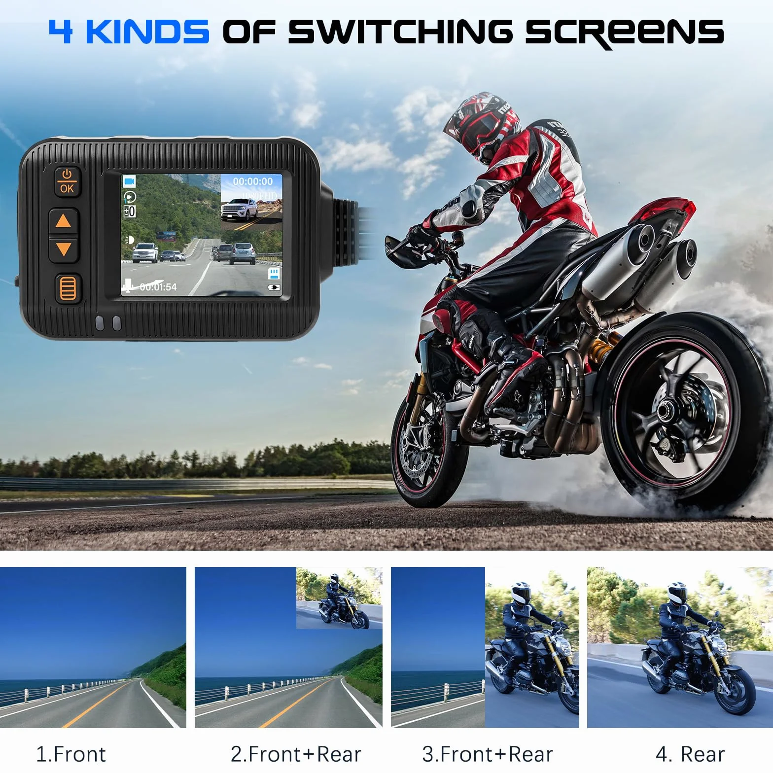 CAMECHO 1080P HDR Dashcam per Moto con Telecamera Anteriore + Posteriore, Sensore G Dash Cam Moto con Registrazione in Ciclo, IP67, Schermo IPS HD da 2 Pollici, Supporto Universale per Moto