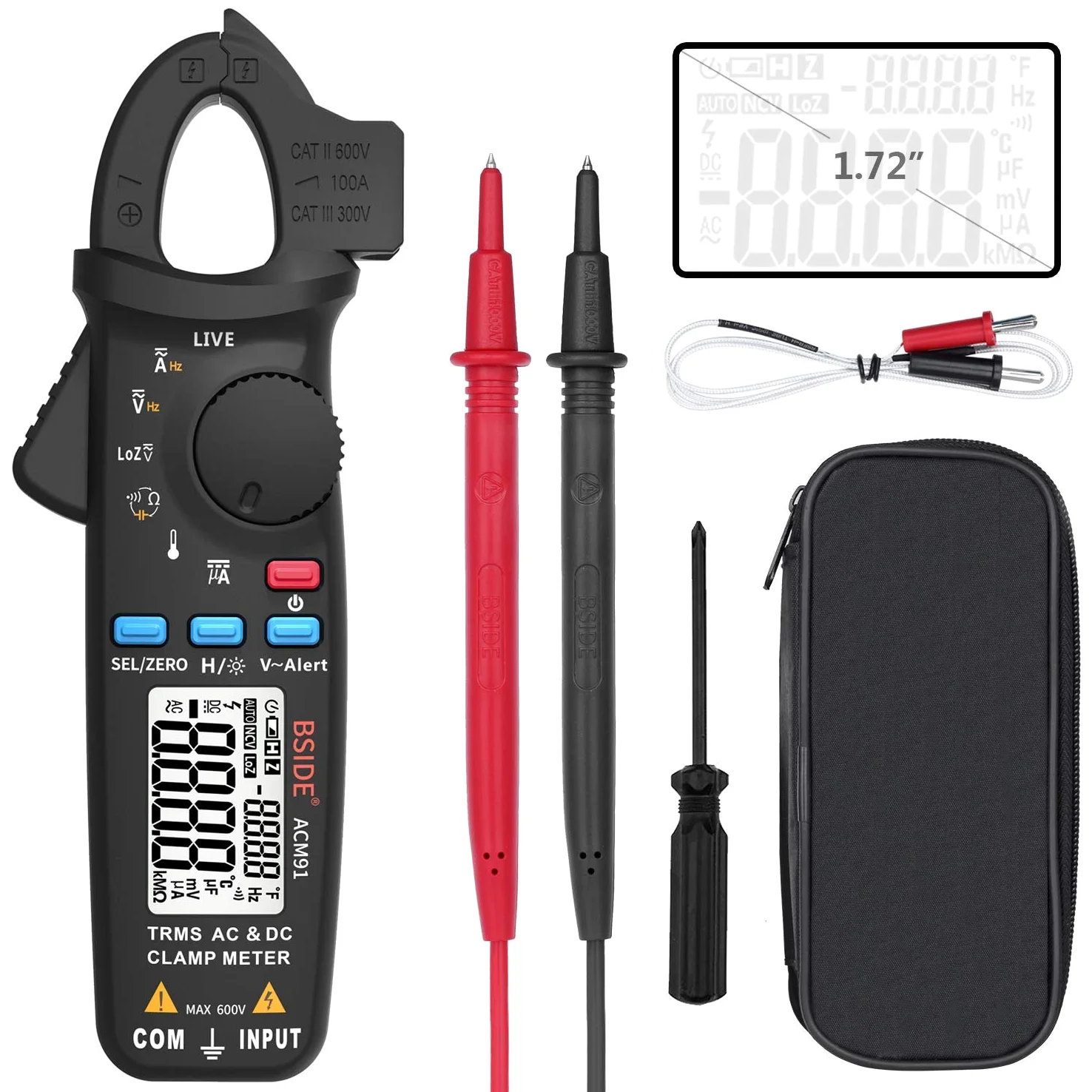 BSIDE ACM91 Pinza Amperometrica, Digitale Multimetro Range Automatico Tensione di corrente AC DC Resistenza Frequenza Capacitance Temperatura Tester NCV
