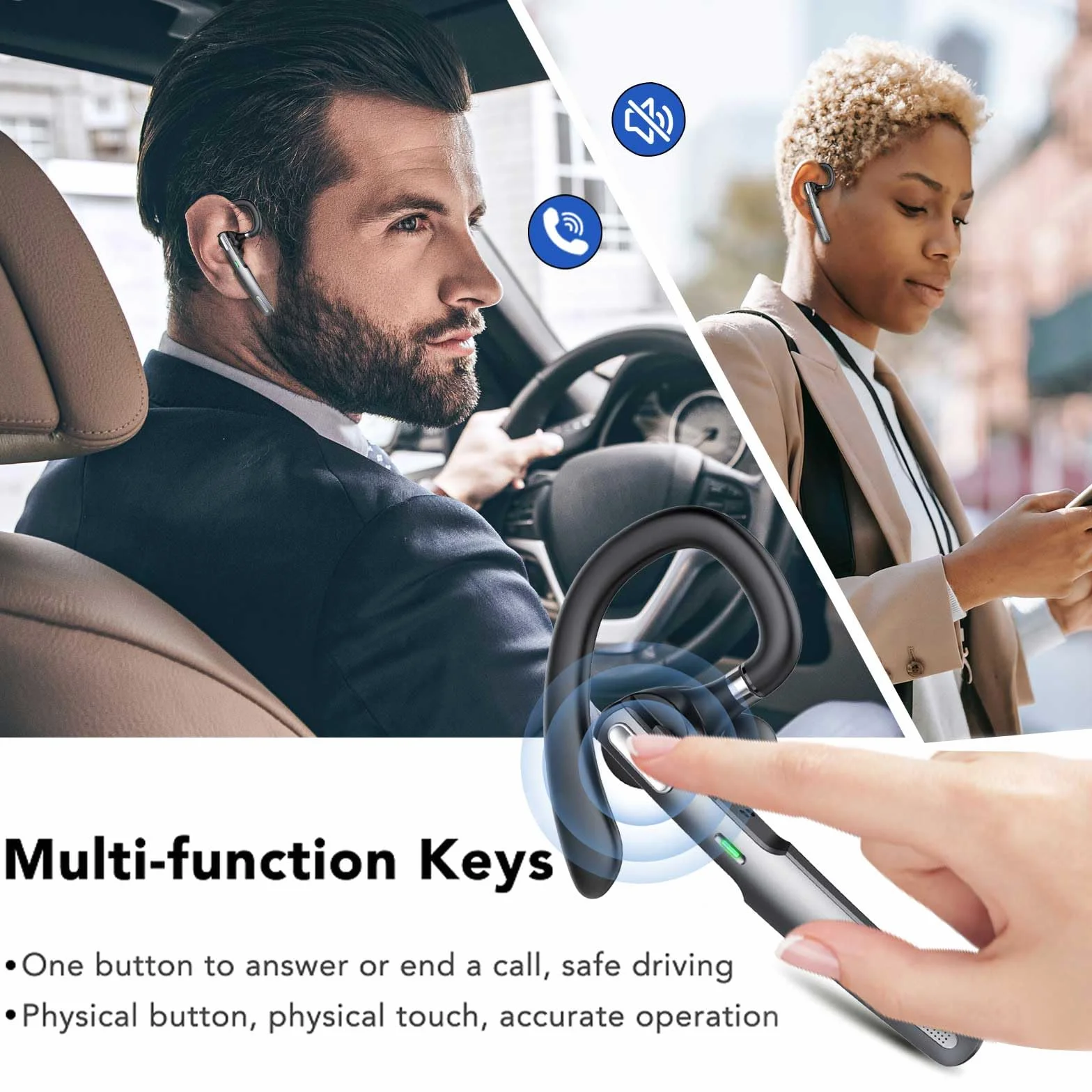 Auricolare Singolo Bluetooth V5.3, CVC Cancellazione Rumore Cuffie Wireless Bluetooth con Doppio Microfono, 100 Ore Di conversazione per Guida/Lavoro for iOS Android