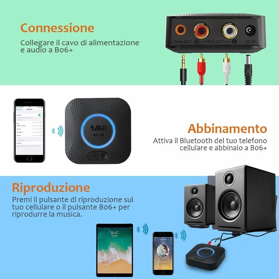 1Mii Ricevitore Bluetooth 5.3, Adattatore Audio Bluetooth HiFi con Jack AUX 3,5mm e RCA, 3D Surround e aptX HD, Wireless per Amplificatore, Stereo Casa, Lungo Raggio 50m
