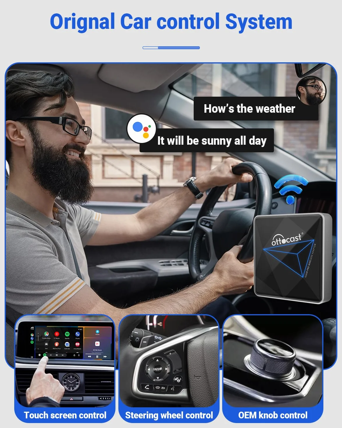 OTTOCAST Adattatore Wireless Android Auto per Auto Cablate, Dongle Android Auto Wireless, Dual Band Wi-Fi a Basso Ritardo, Aggiornamenti Online, Plug and Play per Auto Android Cablate di Fabbrica