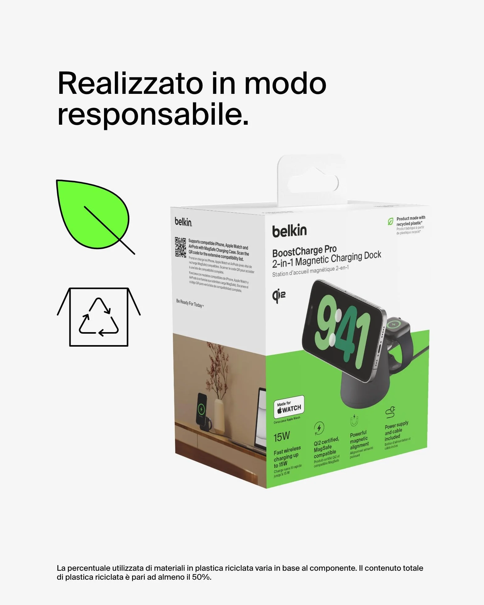 Belkin BoostCharge Caricabatteria wireless 2 in 1 con Qi2 da 15 W, caricatore MagSafe per iPhone 16, 15, 14, 13, 12, Apple Watch, AirPods e altri dispositivi Qi2, alimentatore incluso, Carbone