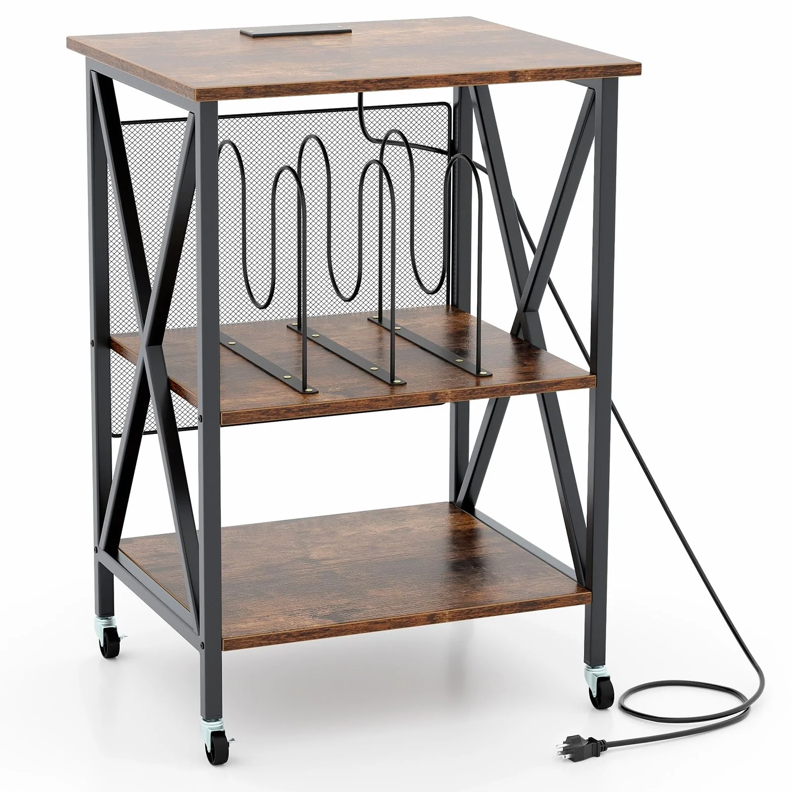 LIFEZEAL Mobile Giradischi e Porta Vinili, Supporto per Giradischi, Carrello con Ruote Bloccabbili per CD, Tavolino a 3 Ripiani per 250 Album, Legno+Metallo, Peso Max 90kg, 52x45x75 cm, Marrone
