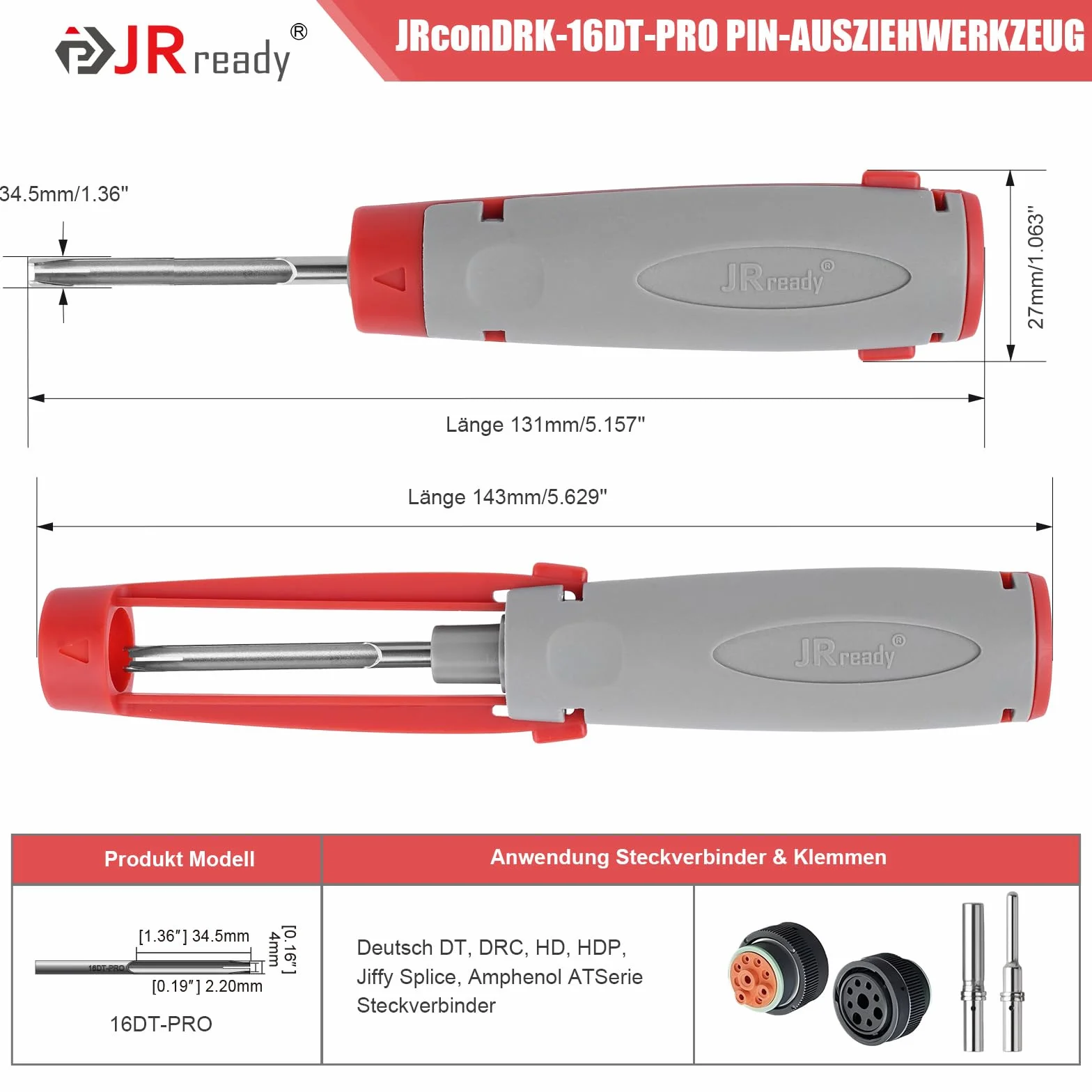 JRready JRconDRK-16DT-PRO strumento di sblocco per contatti DT DRC HDP20 HD30 HD10 Jiffy Splice Amphenol AT Series 16