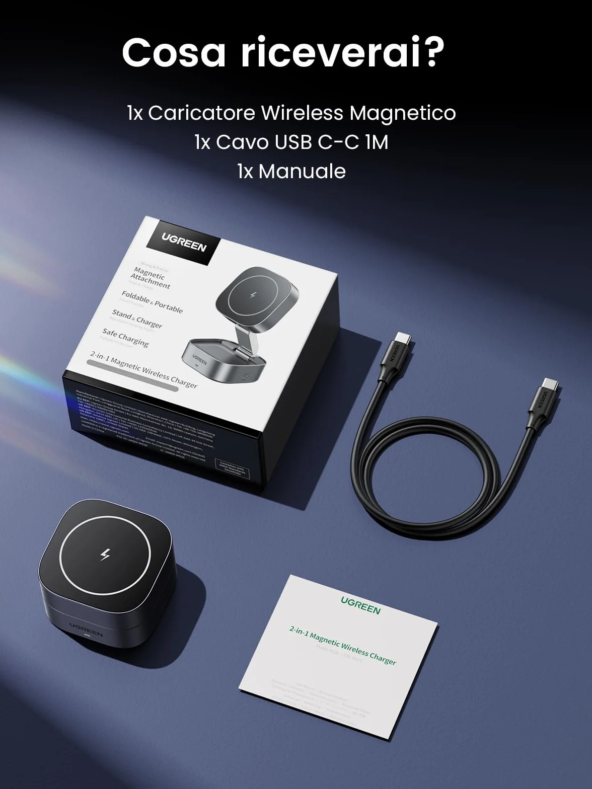 UGREEN MagFlow Caricatore Wireless, Stazione di Ricarica 2 in 1 per Cuffie, Caricabatterie Magnetico Compatibile con iPhone 17 Pro Max Air/16/15/14/13/12, AirPods PRO 2/3