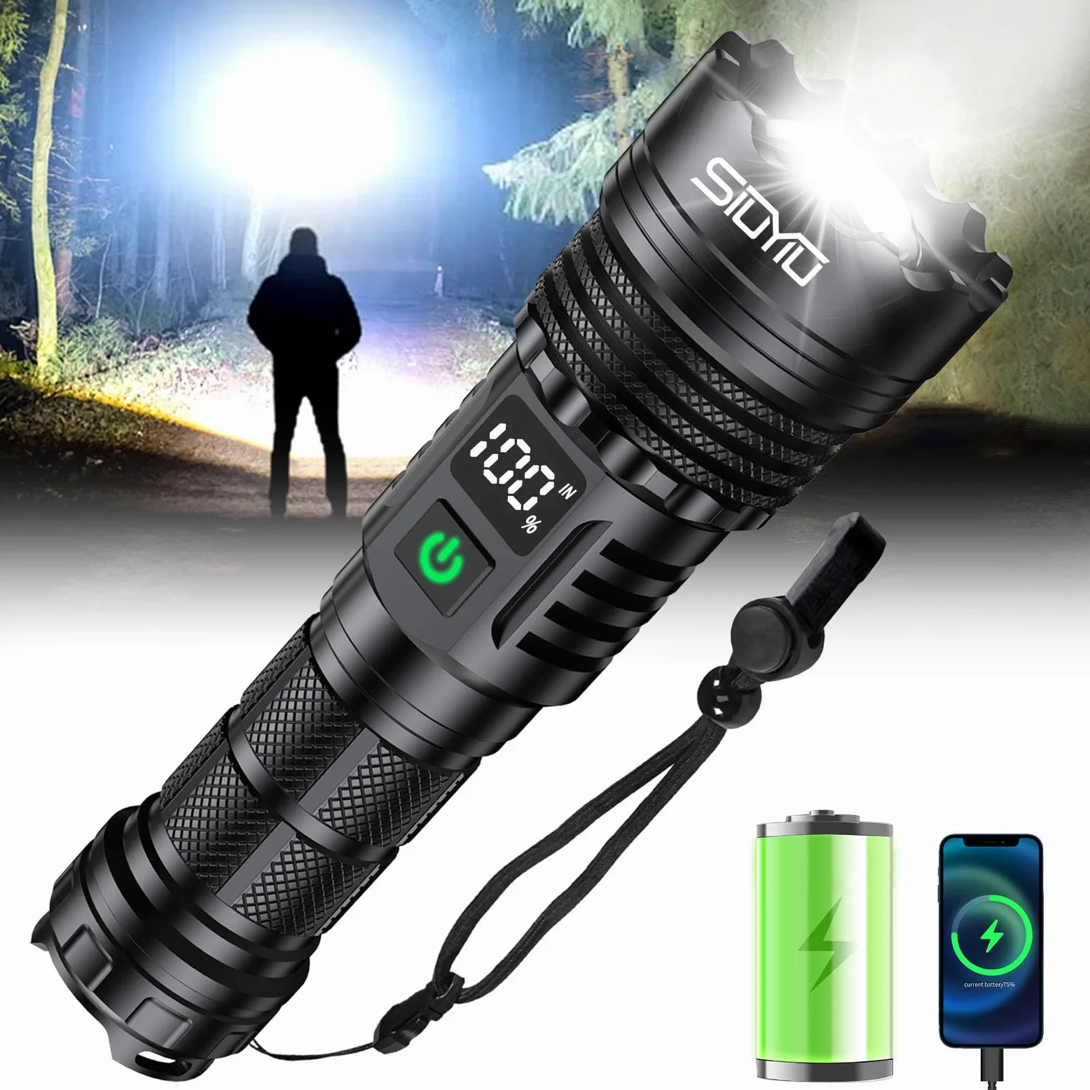 Torcia Tattica ad Alta Luminosità, Ricaricabile, 3000 Lumen Torcia Led Potente, Impermeabile IPx45, 5 Modalità di Luminazione, per Campeggio, Emergenza, Esterni, Casa