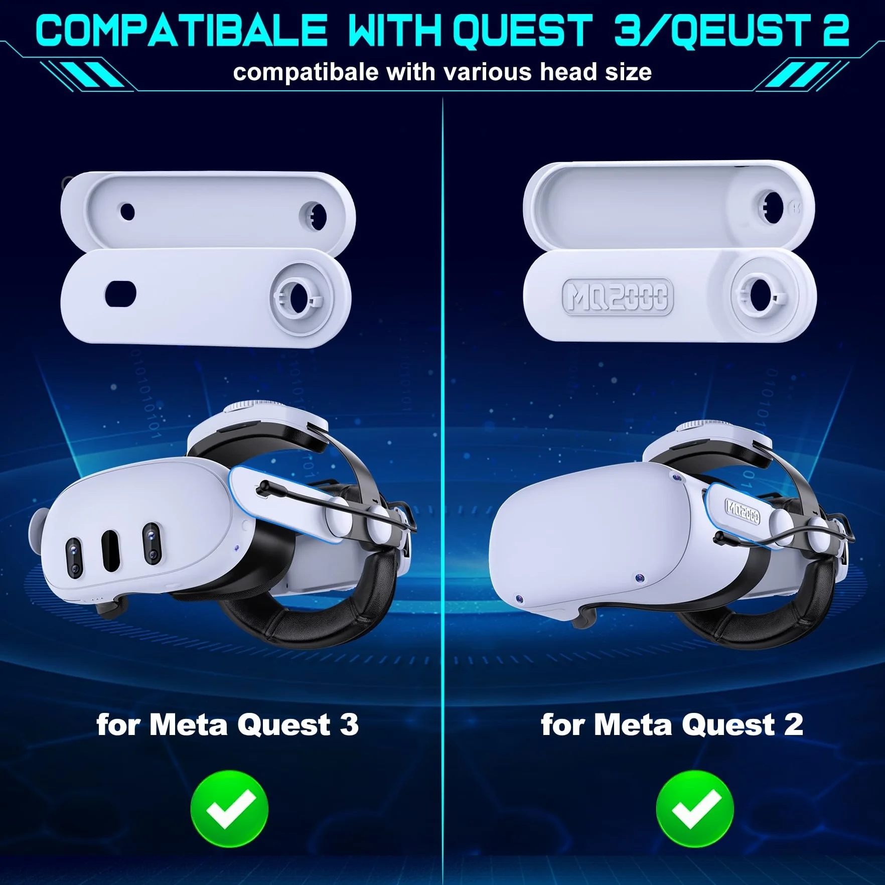 MQ Series Head Strap con batteria da 7500 mAh, cinturino regolabile VR Elite per Meta Quest 3S/Quest 3/Quest 2 con due pulsanti - Prolunga il tempo di riproduzione per gli accessori Oculus