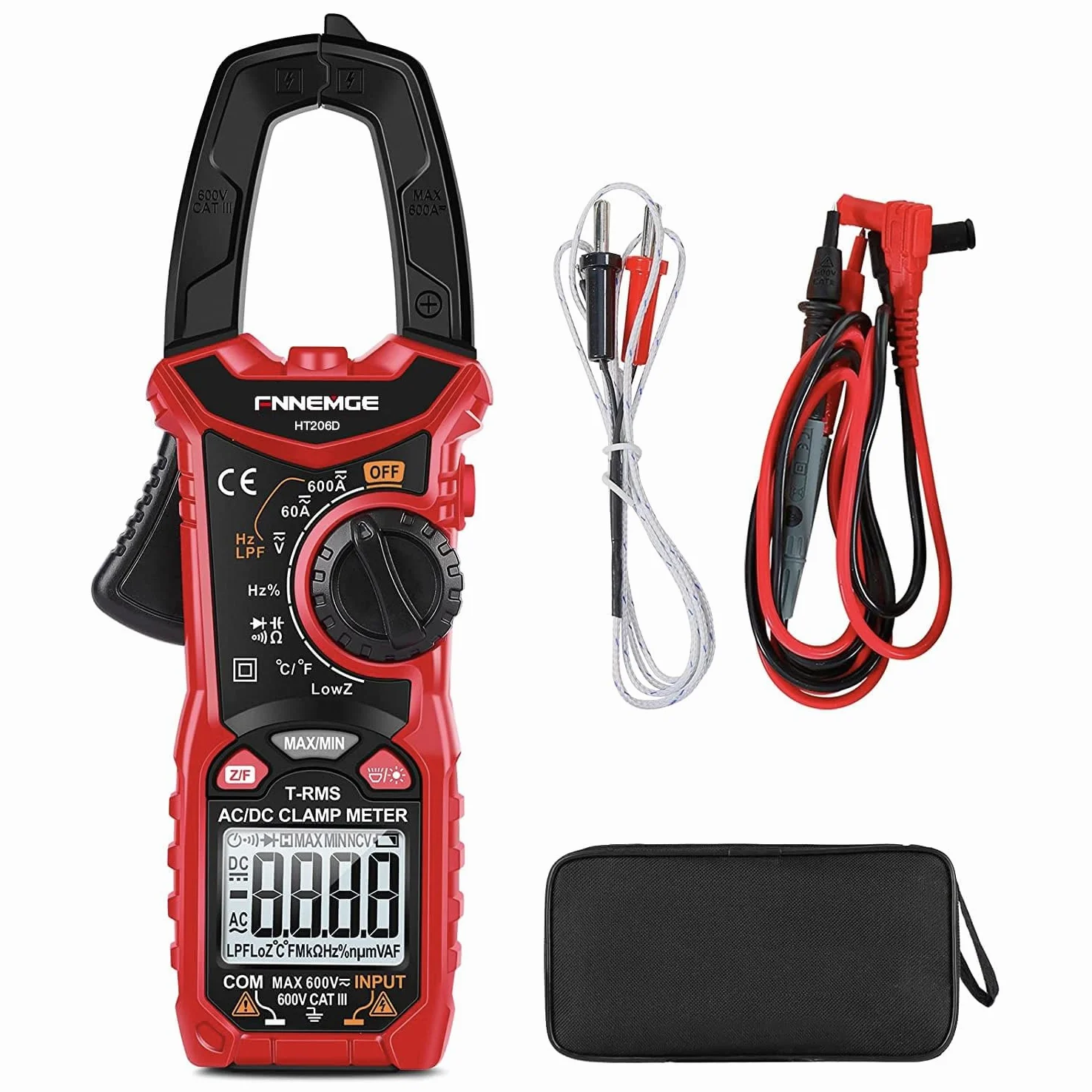 FNNEMGE HT206D - Pinza amperimétrica, Misuratore di Corrente DC/AC: 0-600A, Multimetro a pinza True-RMS 6000 Counts auto-Classificazione, Misura la Capacità di Passaggio (Corrente AC/DC)