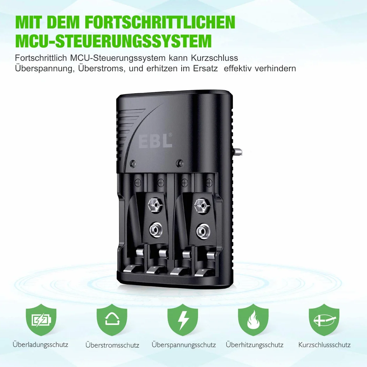 EBL Plug Caricabatterie Universale per AA e AAA 9V Ni-MH Batterie Ricaricabili, Carica Rapida, Indicatori LED Intelligenti
