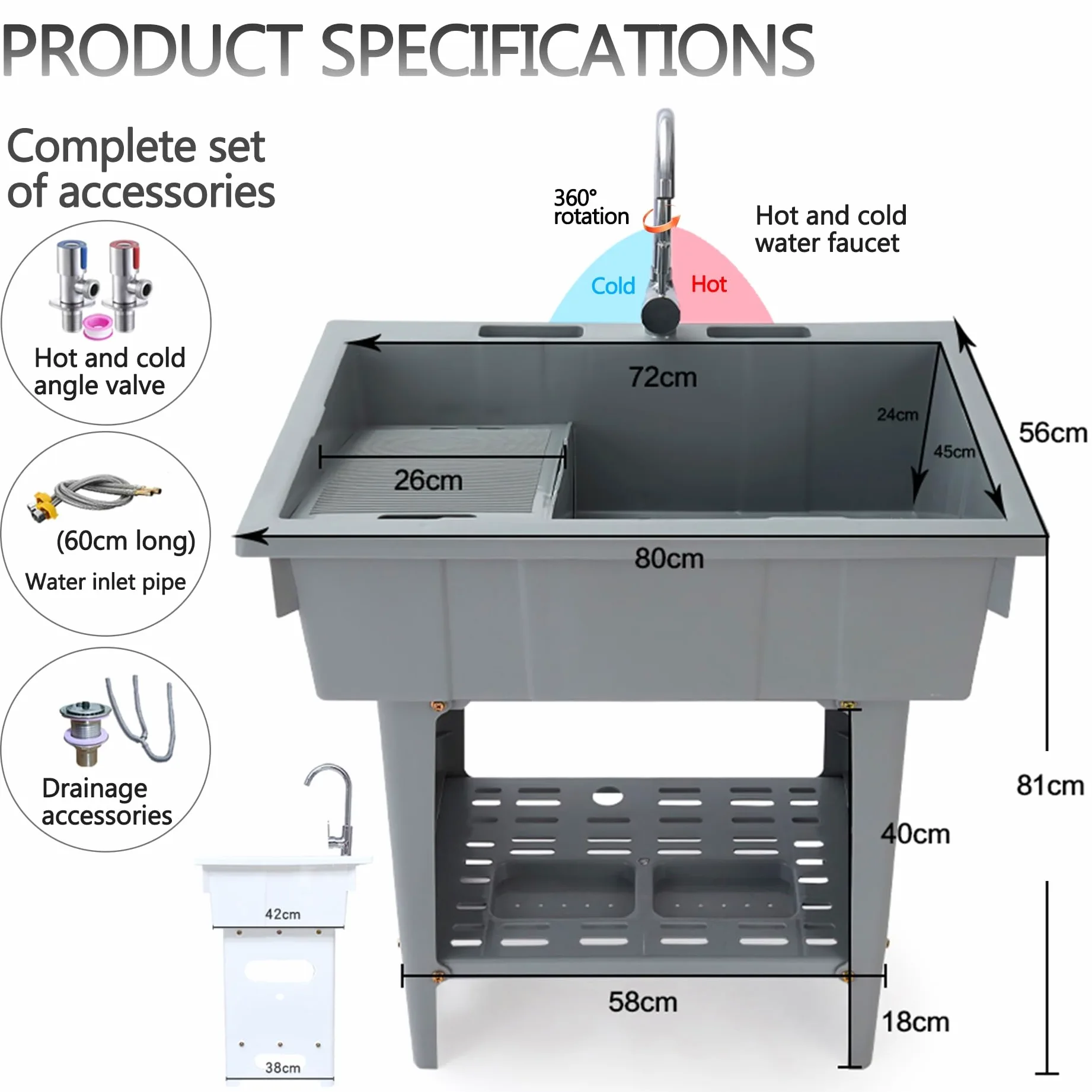 Lavatoio da Esterno in Plastica,Mobile Lavandino Biancheria Indipendent,Lavello Portatile con Asse per Il Lavato,Lavabo da Lavanderia,per Interno,Cucina,Garage,Giardino e Terrazza(Blauw)