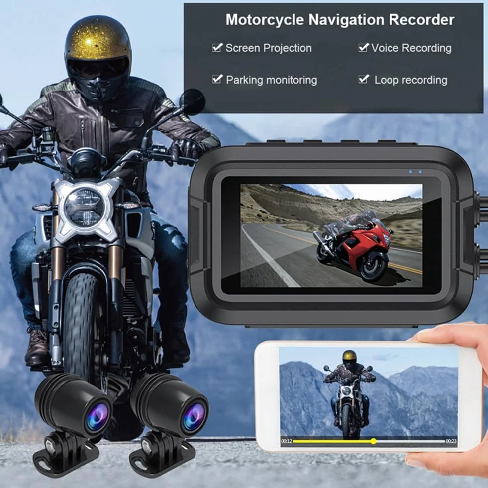 V9 Dashcam per Moto WiFi 1080P Fotocamera Anteriore Posteriore Videoregistratore per Moto Impermeabile con Monitor di Parcheggio Resistente B