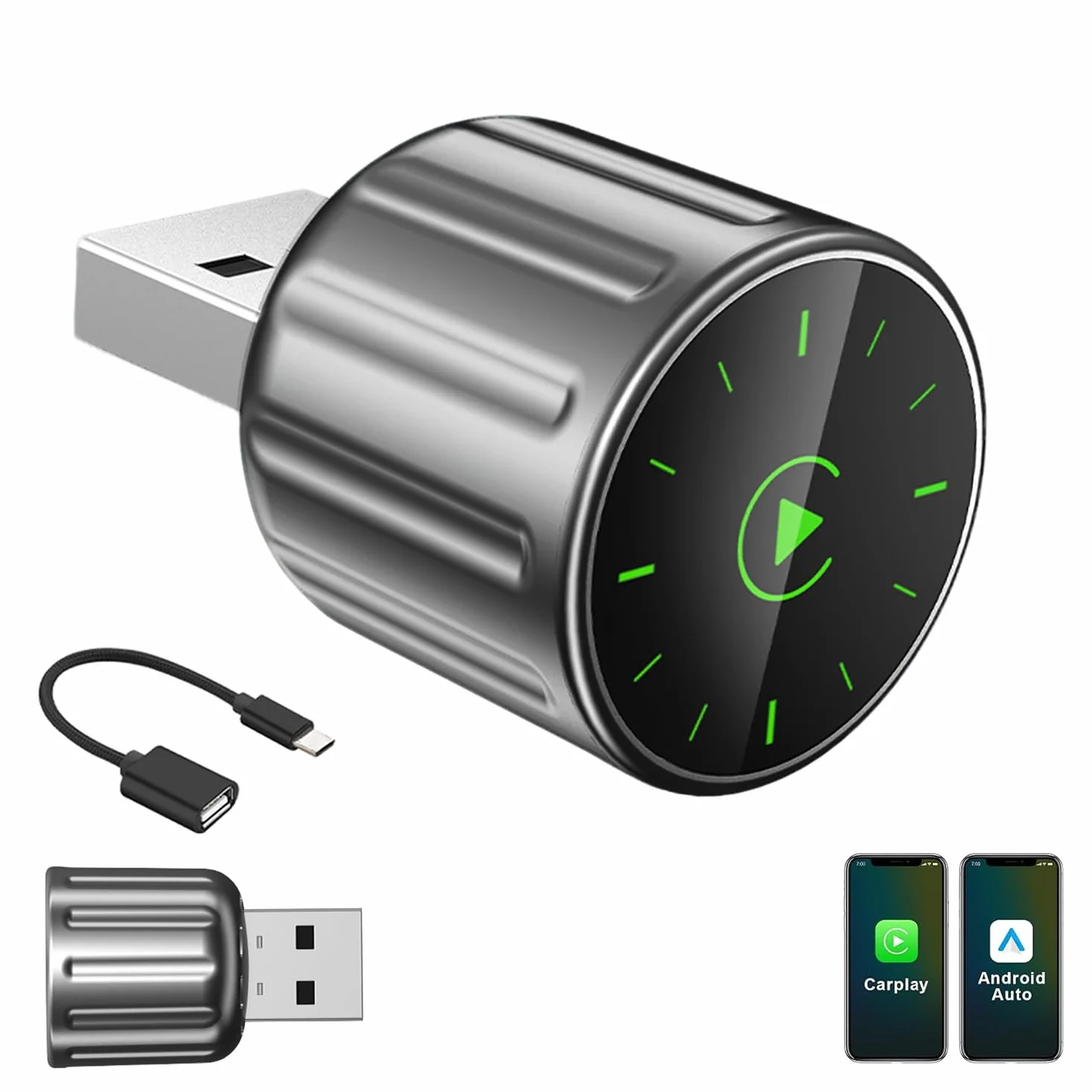 Adattatore 2 In 1 Wireless Carplay E Android Auto,Converte Da Cablato A Wireless, Connessione Automatica, Plug & Play per auto con CarPlay cablato,Supporta iOS 10+ e Android 11+ (Grigio)