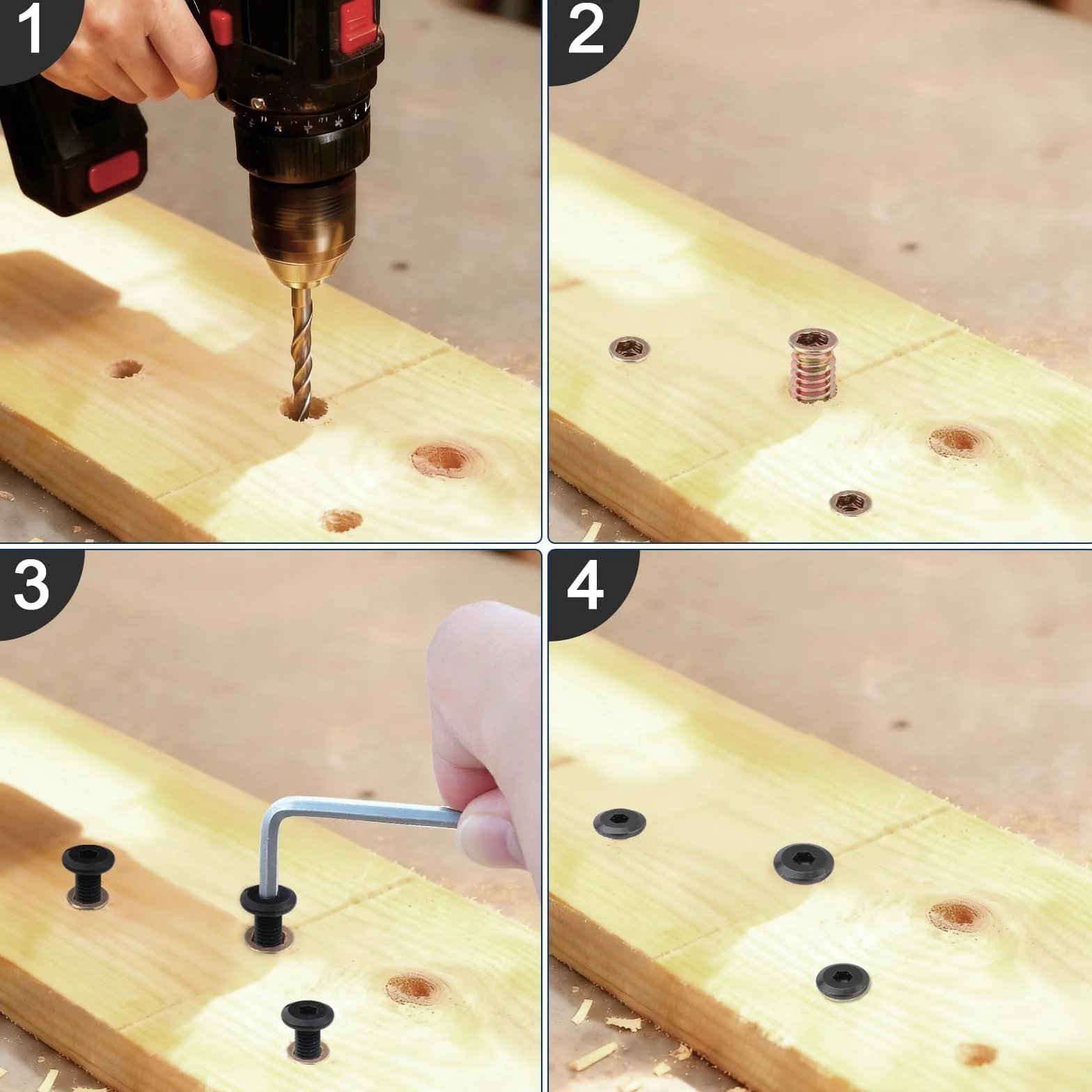 25 viti a testa piatta M4 x 15 mm, dado a vite M4, inserto filettato in legno, con viti a esagono incassato in acciaio C e 2 chiavi a testa piatta per mobili in legno