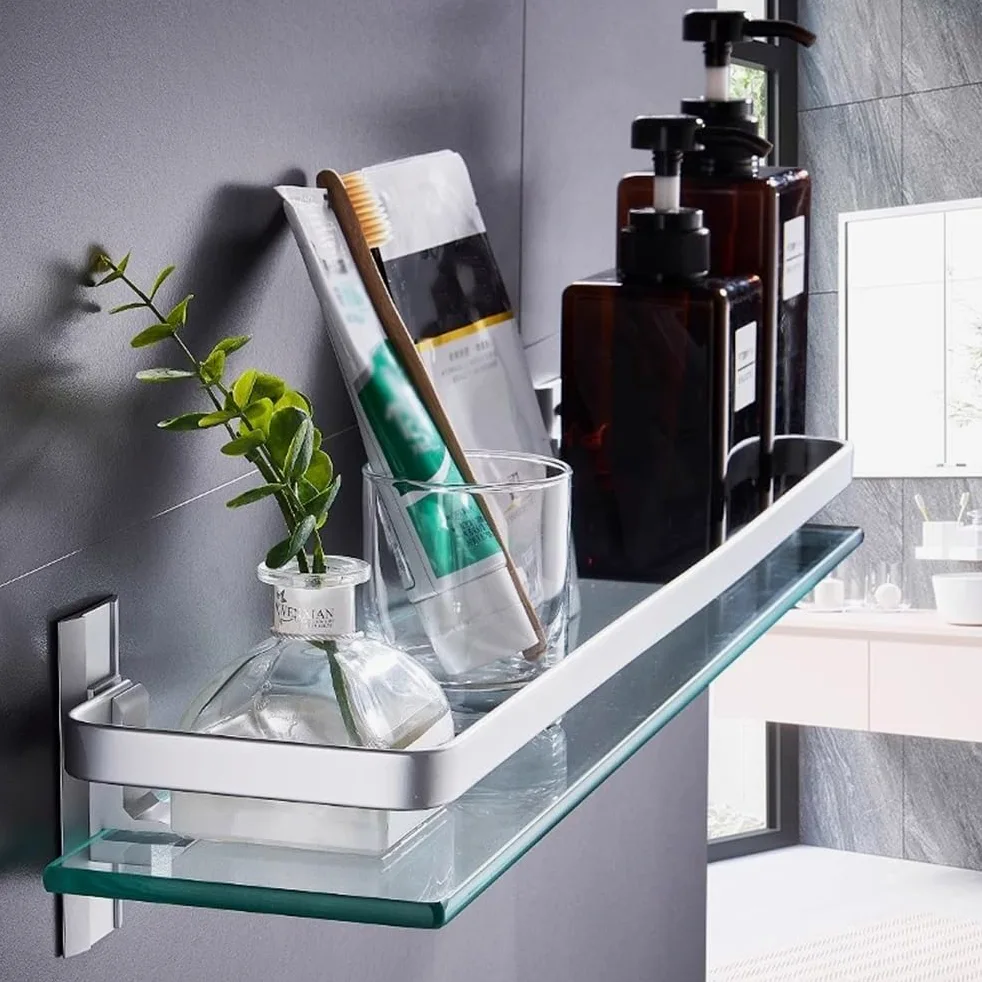 Ripiano per doccia Mensola da bagno in vetro con binario in alluminio, contenitore galleggiante senza foratura Organizer