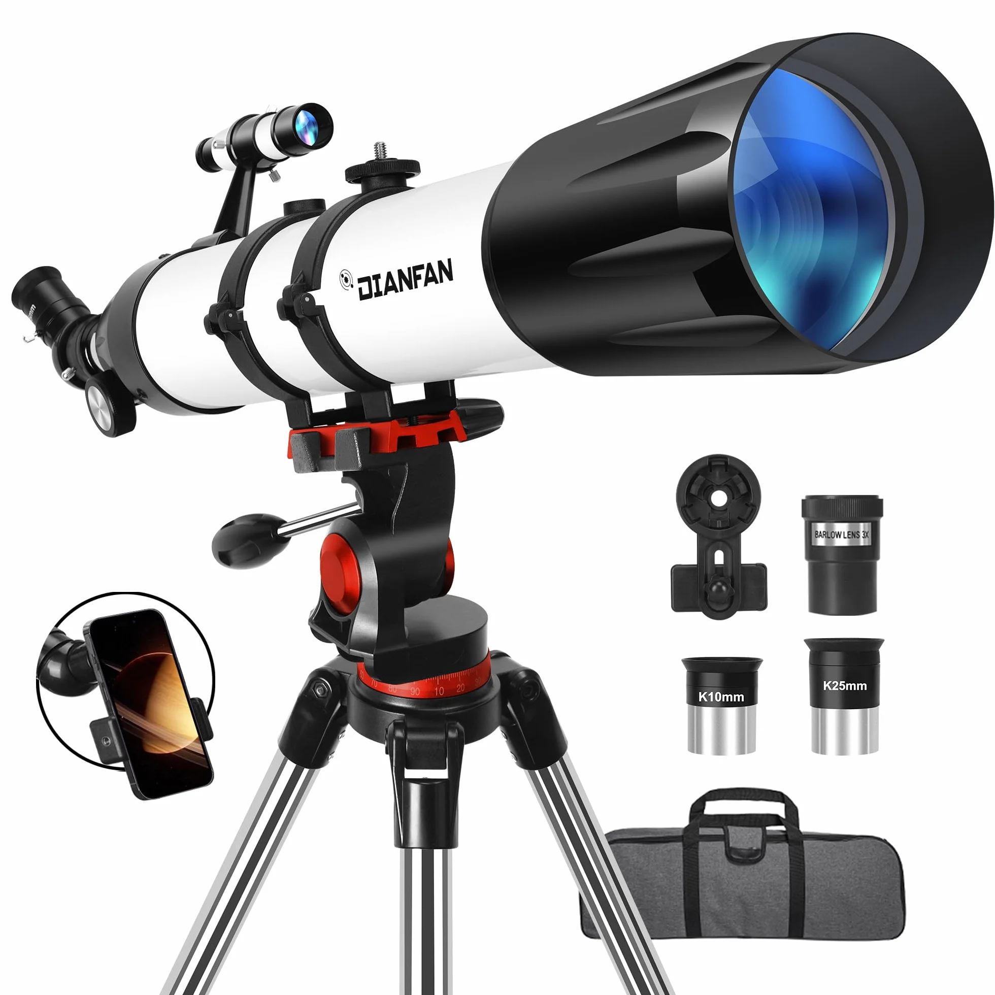 Dianfan Telescopio,90 mm 800 Telescopio Astronomico Adulti Bambini,32X-240X Telescopi Rifrattore Portatile per Principianti,con Treppiede Inossidabile e Adattatore per Telefono, Borsa