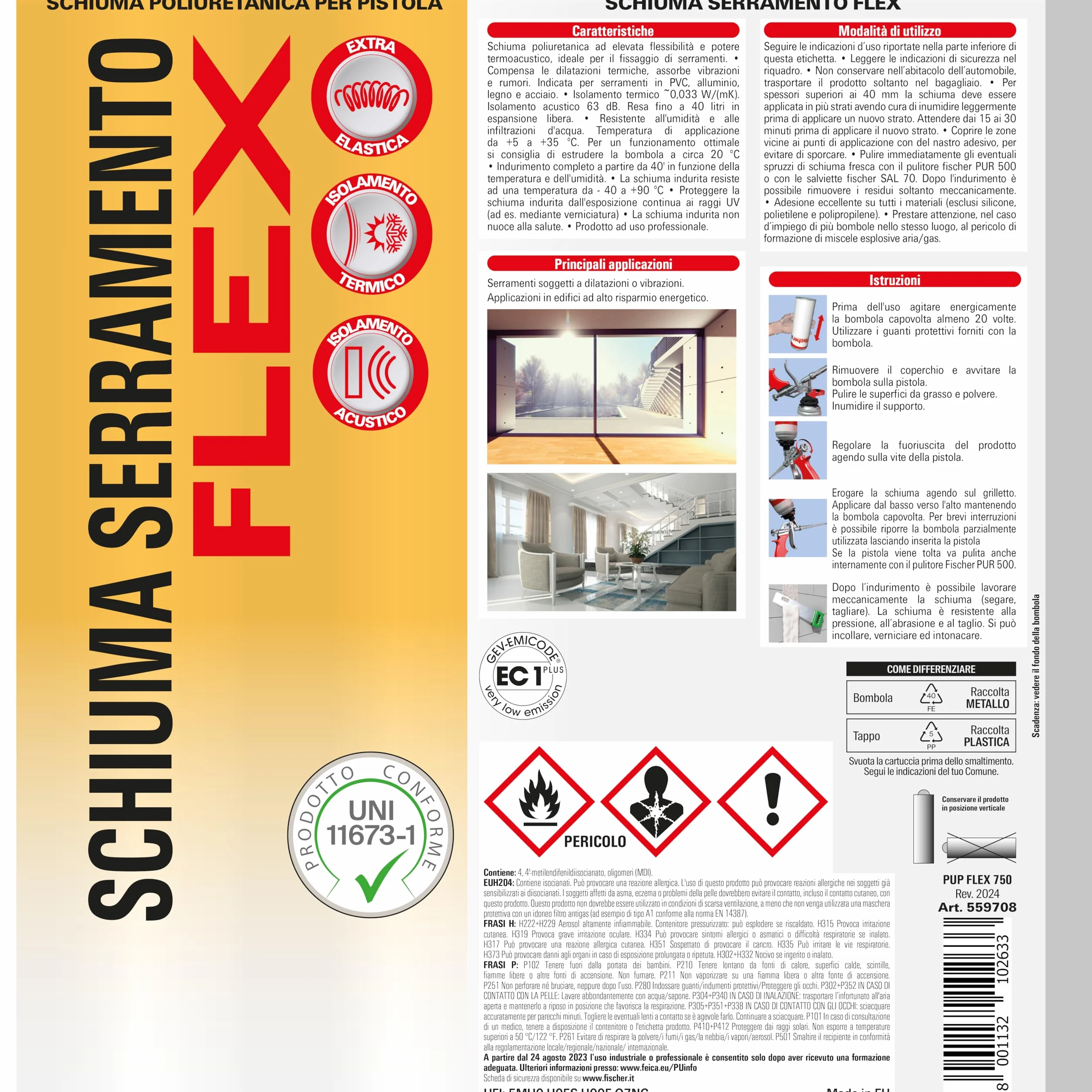 Fischer PUP FLEX 750 Schiuma Poliuretanica per Infissi e Telai, Isolamento Termoacustico