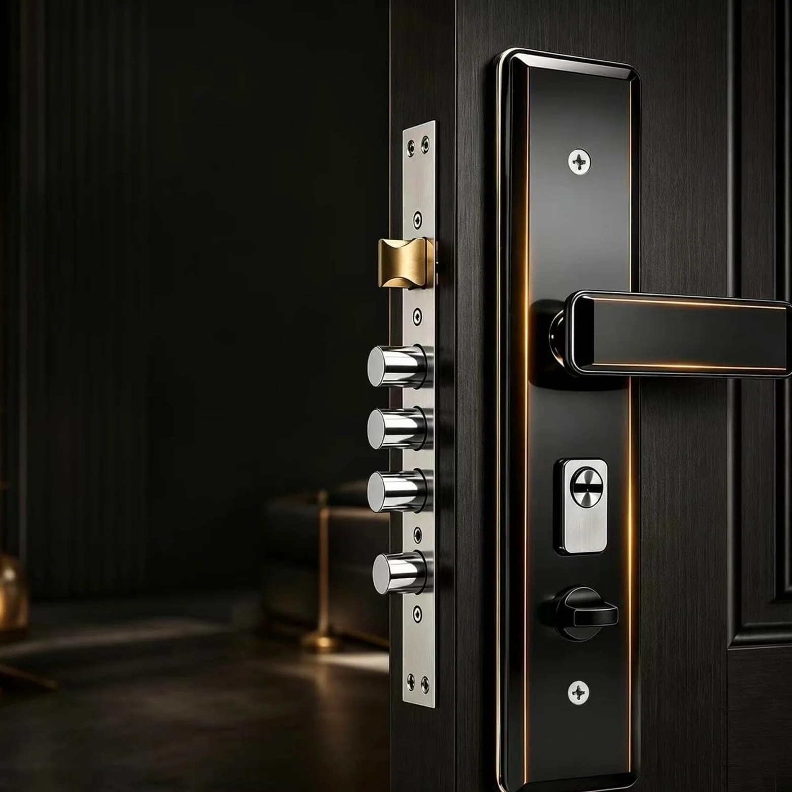 Serratura Meccanica in Acciaio Inox, Set Maniglia Antifurto per Porta D'Ingresso, Finitura Nera(B+Inside Open)