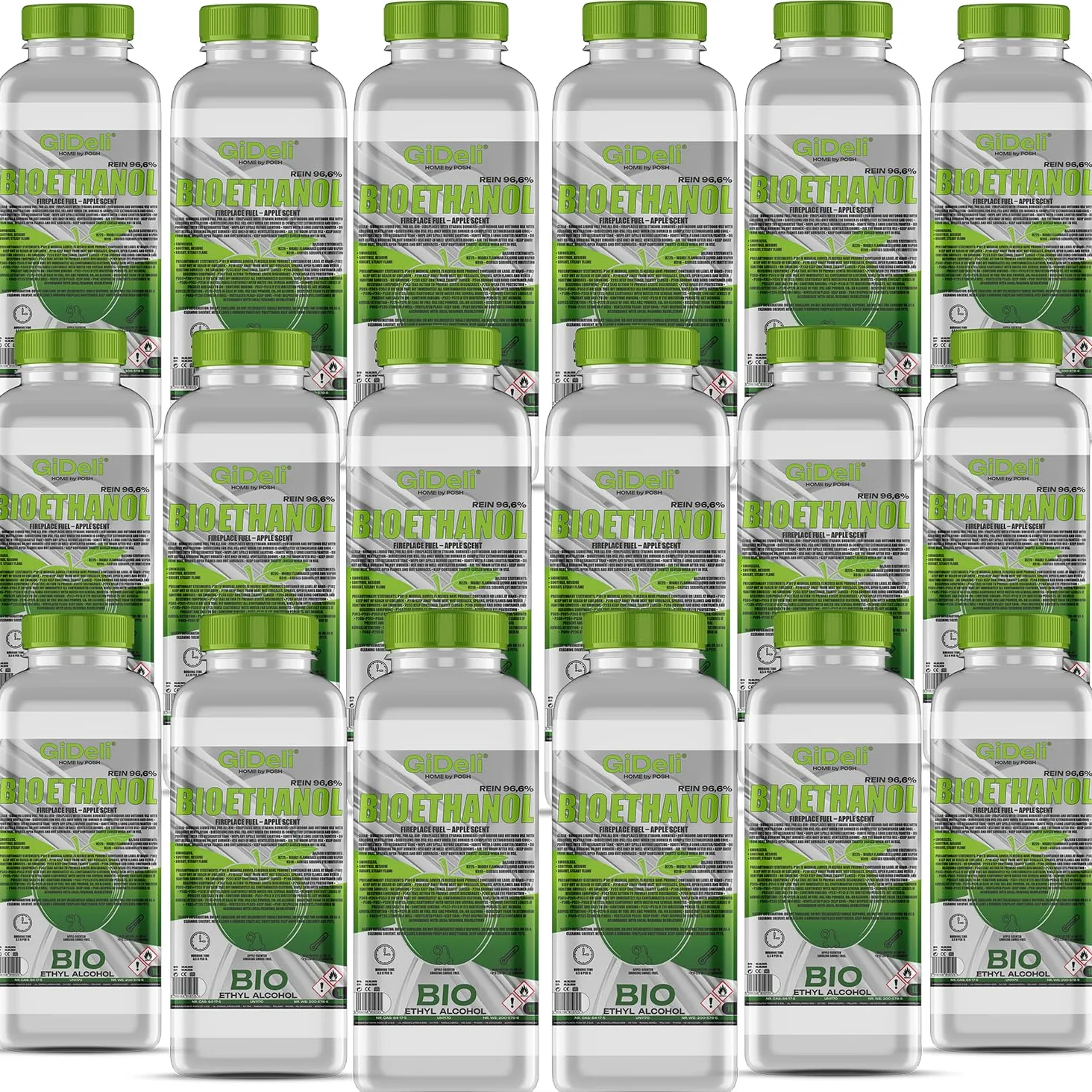 GiDeli Bioetanolo, profumo di mela, 18 x 1 l, 96,6% etanolo, per camini interni ed esterni, senza fumo e fuliggine, da mais e barbabietola da zucchero