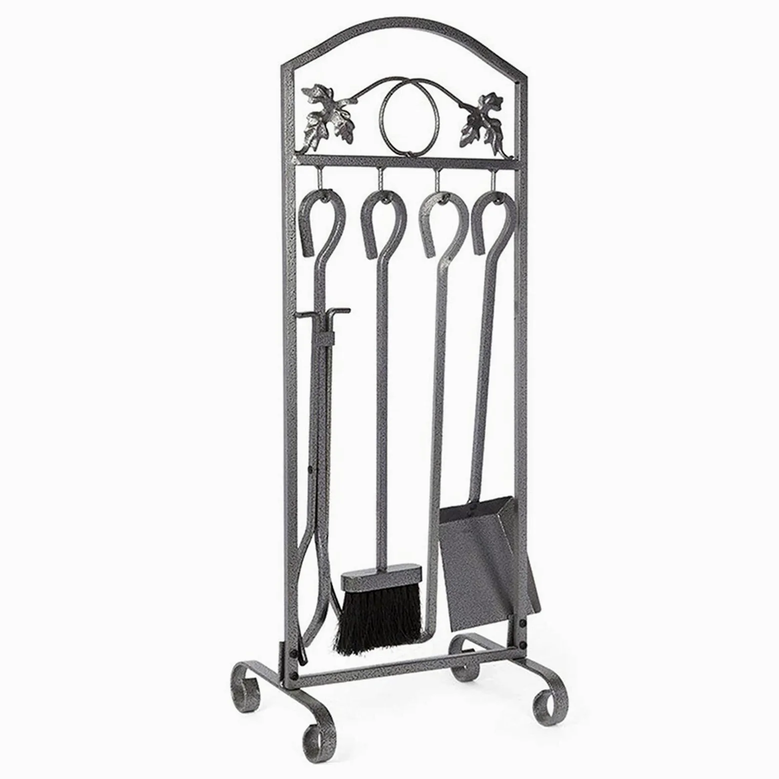Set di 5 attrezzi per camino, in ferro battuto, con manico nero, per stufa, camino, focolare – include attizzatoio, pinze, pala, spazzola