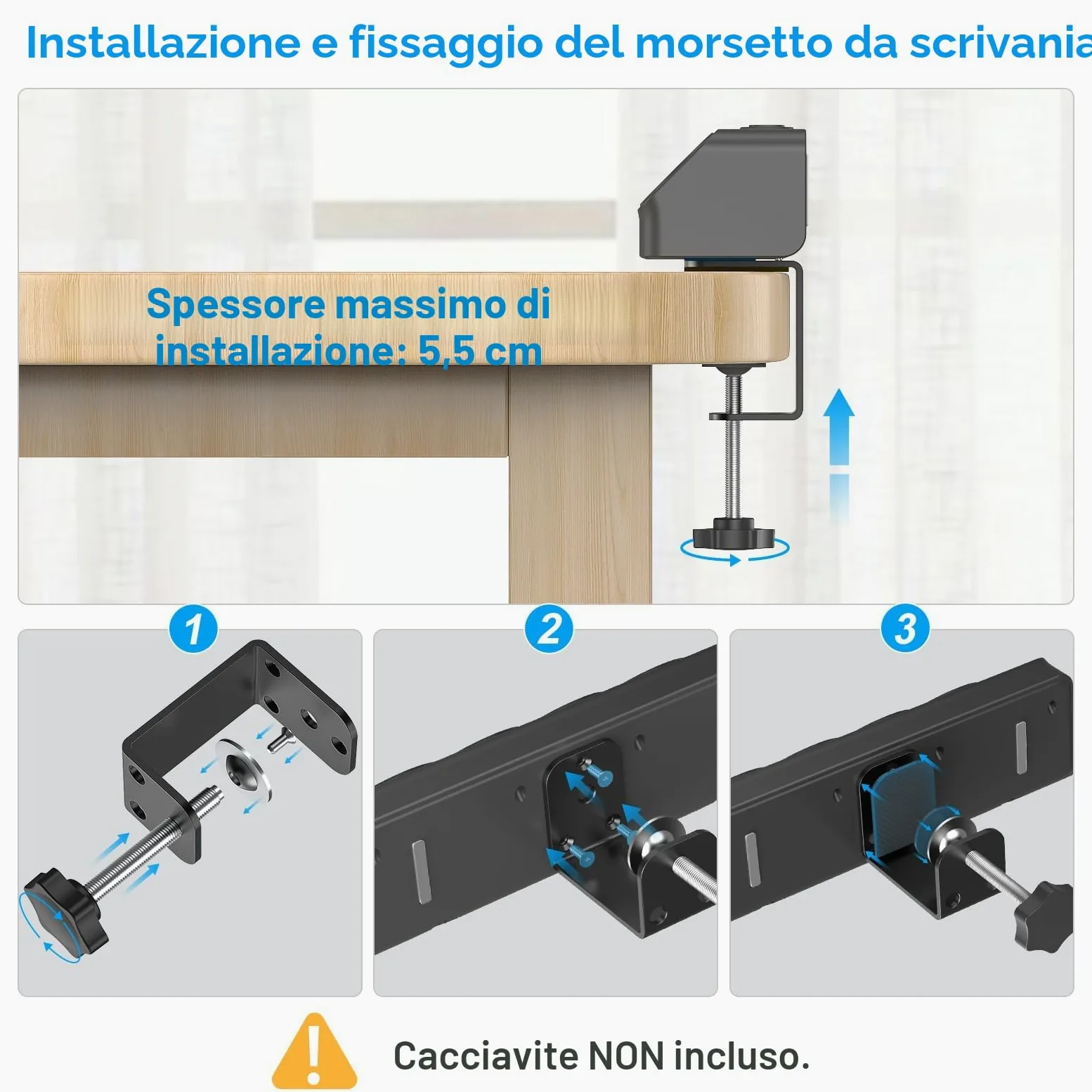 Multipresa 4000W con Protezione da Sovratensioni, Ciabatta Elettrica da Scrivania con Ricarica Rapida USB-C PD20W, Presa con 4 Interruttori Indipendenti, Ciabatta e Dispositivo di Fissaggio, Cavo 2M
