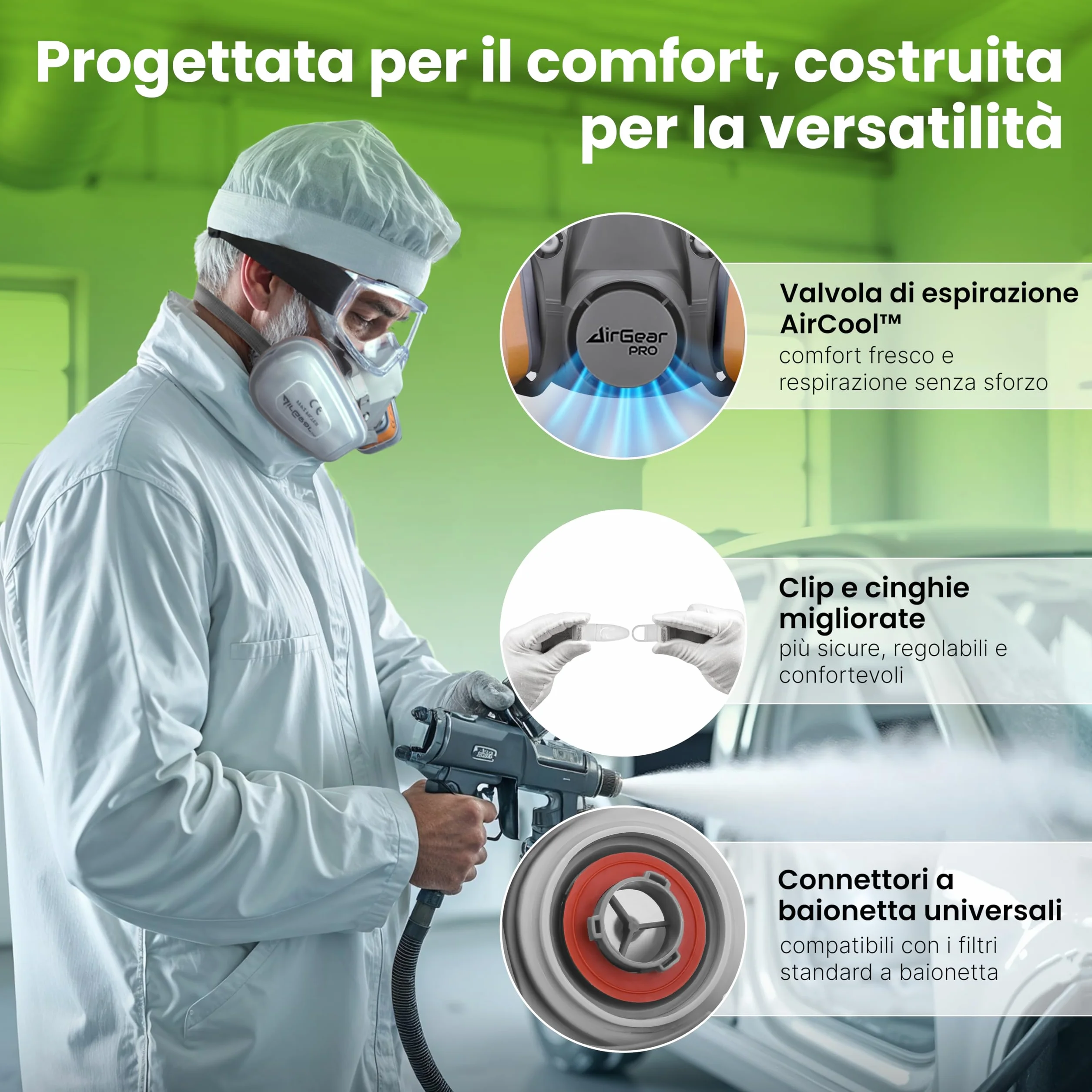 AirGearPro G-500 Maschera di protezione respiratoria riutilizzabile con filtri e occhiali di protezione