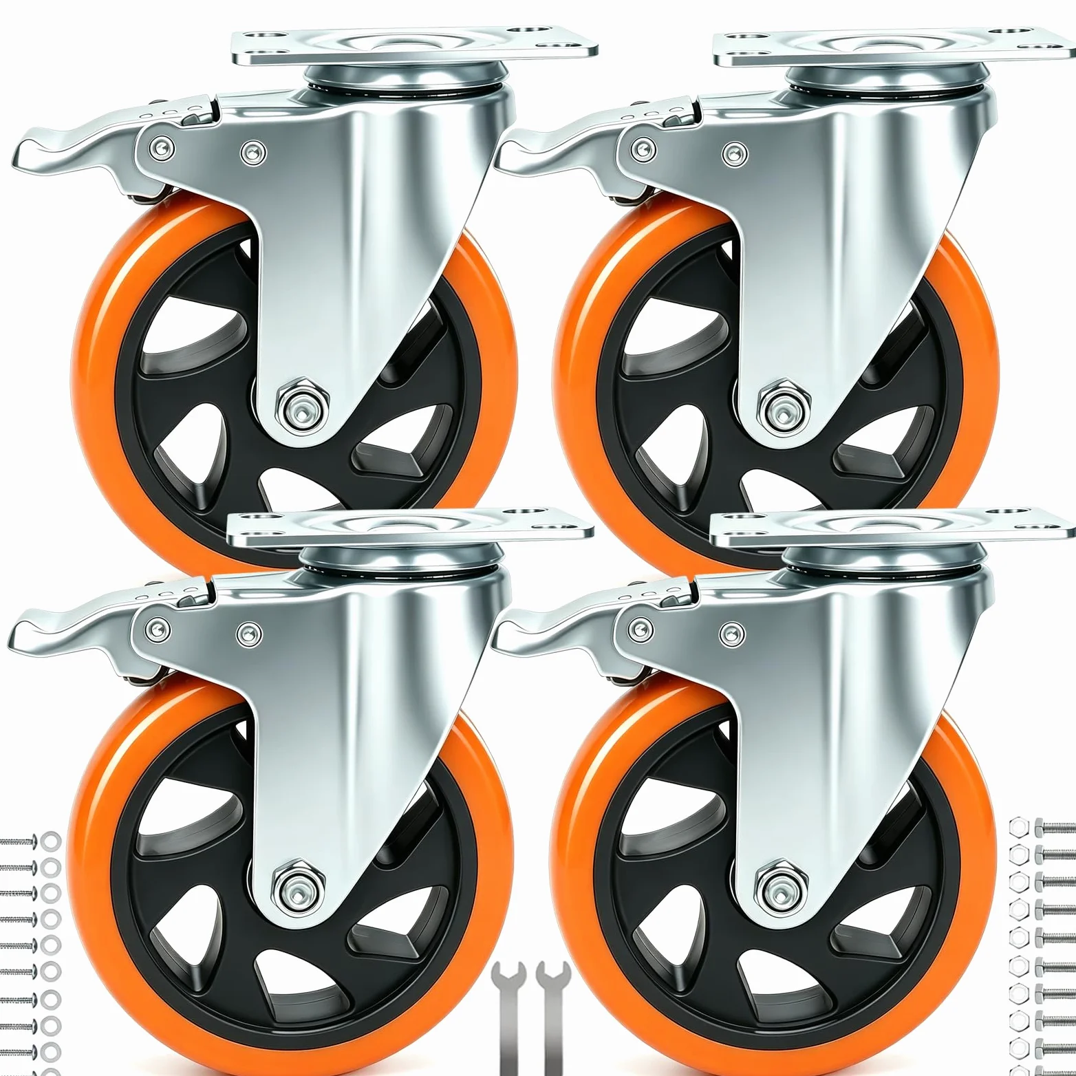 Mobili Ruote per carrelli con Freni, 125mm per carichi Pesanti Ruota Ruote Cuscinetto 800KG Girevole Carrello Ruote con Viti, PU Ruote per Carrello per Mobili