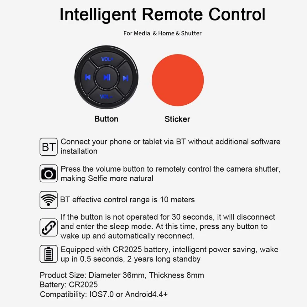 KOCAN Controller Pulsante multimediale,Pulsante multimediale Wireless Telecomando BT5.0 Telecomando Volante per Auto per Riproduzione Musicale Selfie Compatibile con dispositivi Android iOS