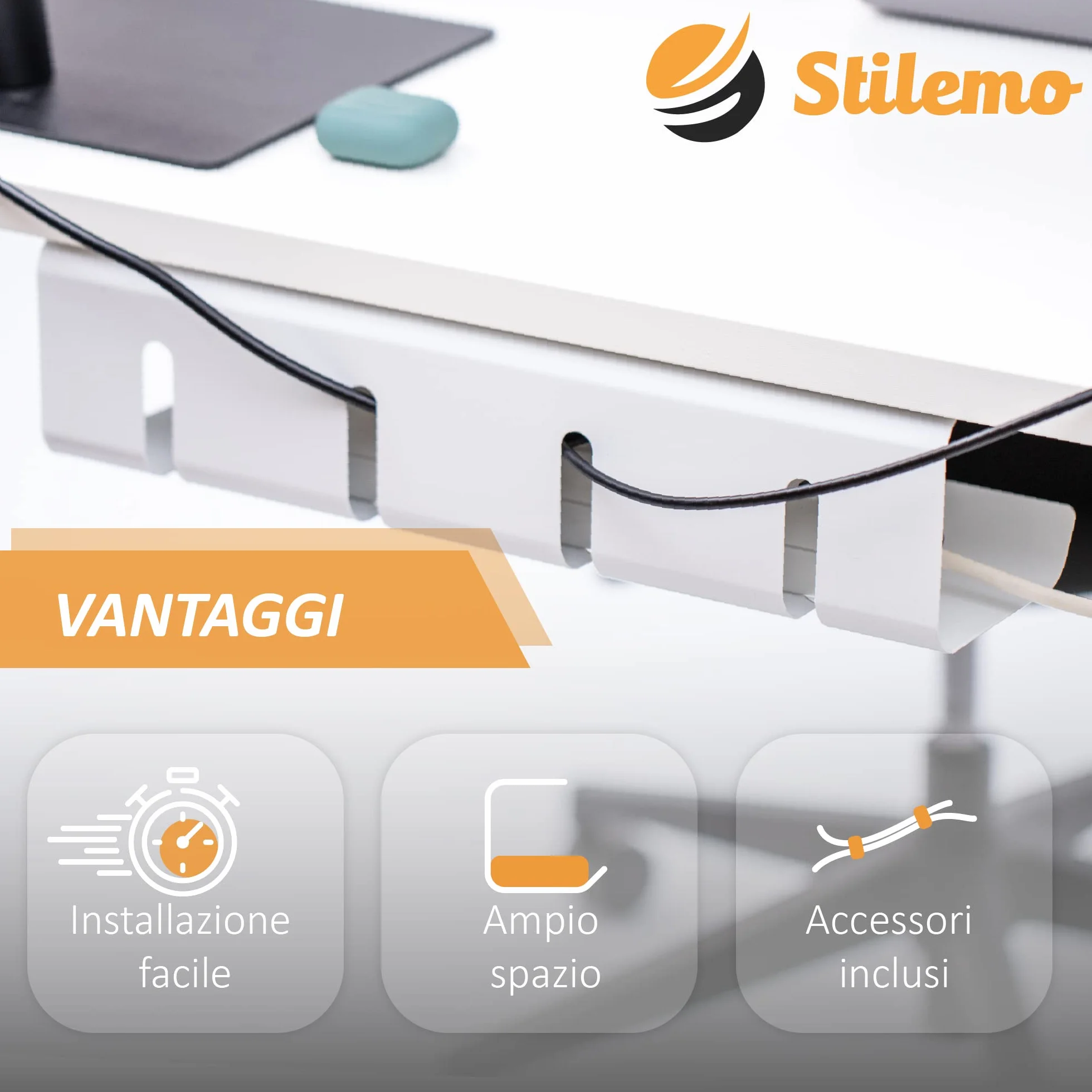 Raccogli Cavi Scrivania – Canalina Passacavi sotto Scrivania Cable Management – Organizer Portacavi Ufficio - Nascondi Cavi sotto Tavolo – 2 Scatole Porta Cavi - Verniciatura a Polvere Bianco