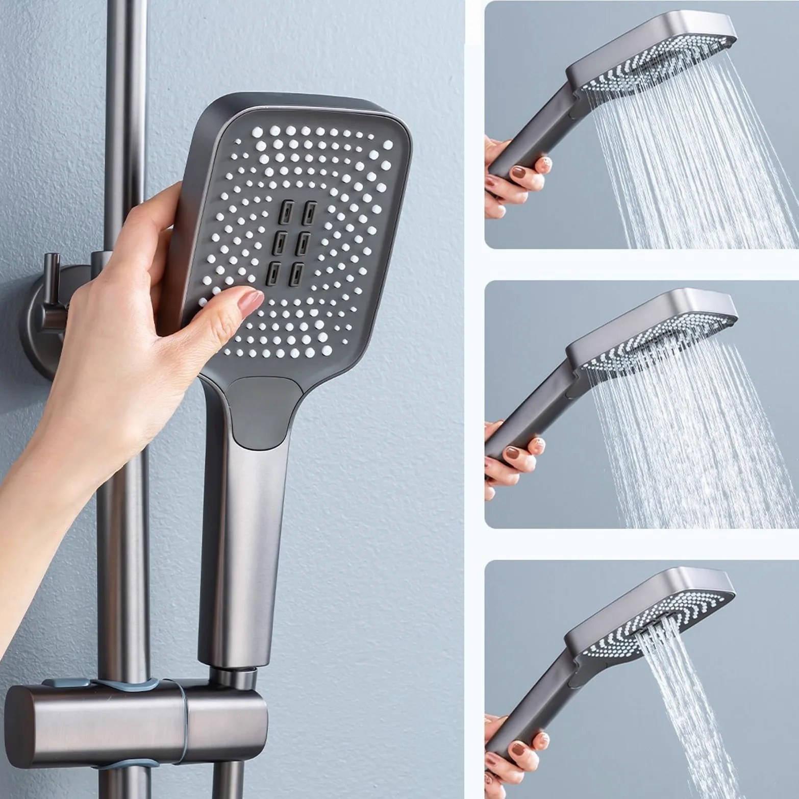 Set Miscelatore termostatico per Doccia, Sistema Regolabile in Altezza, Rubinetto per Vasca a 4 funzioni con soffione Quadrato e doccetta ad Alta Pressione a 3 modalità (Nero)