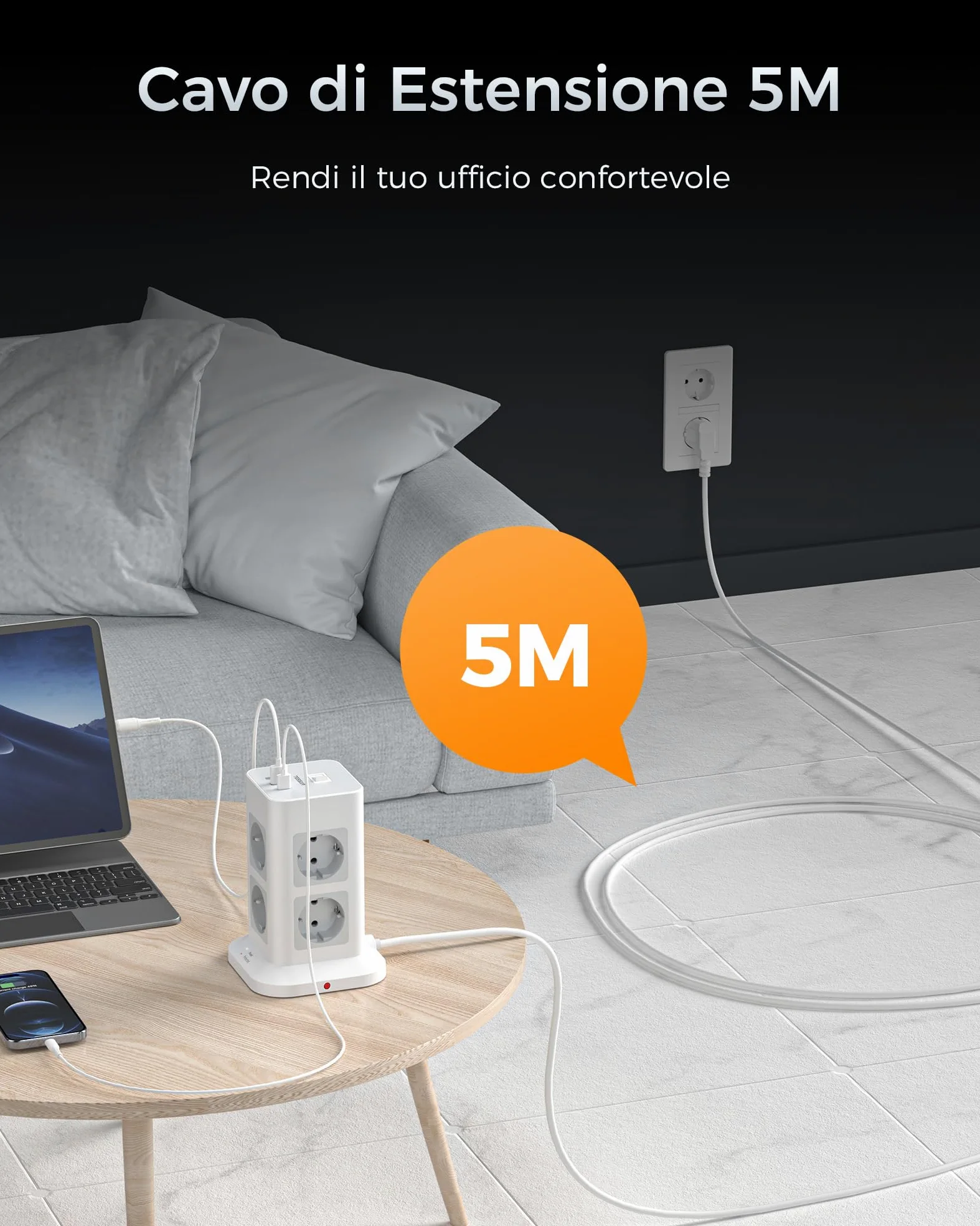 TESSAN Ciabatta Multipresa con USB, Multipresa Elettrica con 8 Prese e 3 USB, Protezione Sovratensione 1700J, Ciabatta Elettrica con Cavo 5M e Interruttore, Grigio