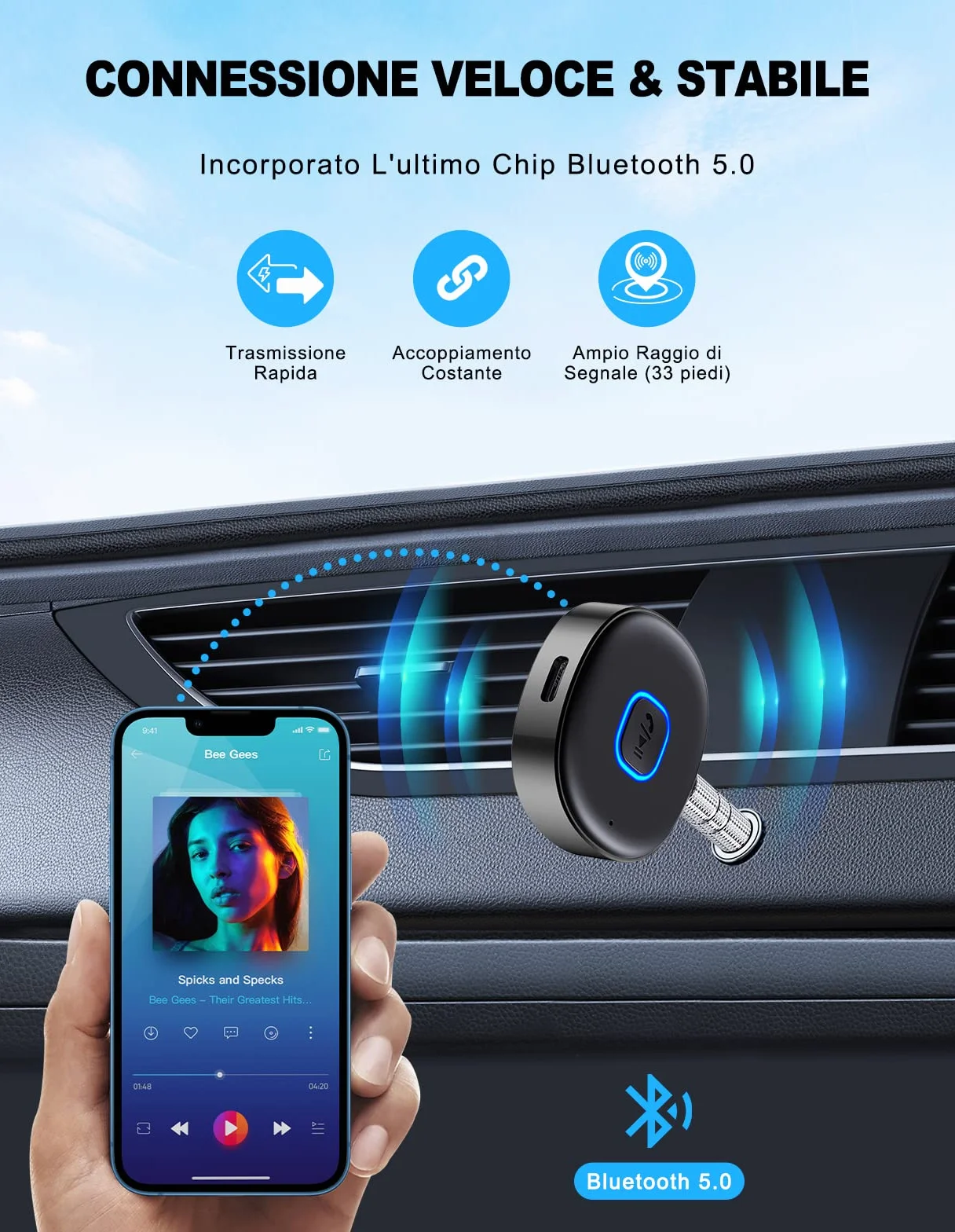 Mohard Ricevitore Bluetooth 5.3, Mini Aux Bluetooth Auto per Stereo/Cuffie Cablate/Altoparlante, Jack 3.5 mm Adattatore Amplificatori, 16 Ore di Riproduzione, Chiamate in Vivavoce, Connessione Doppia