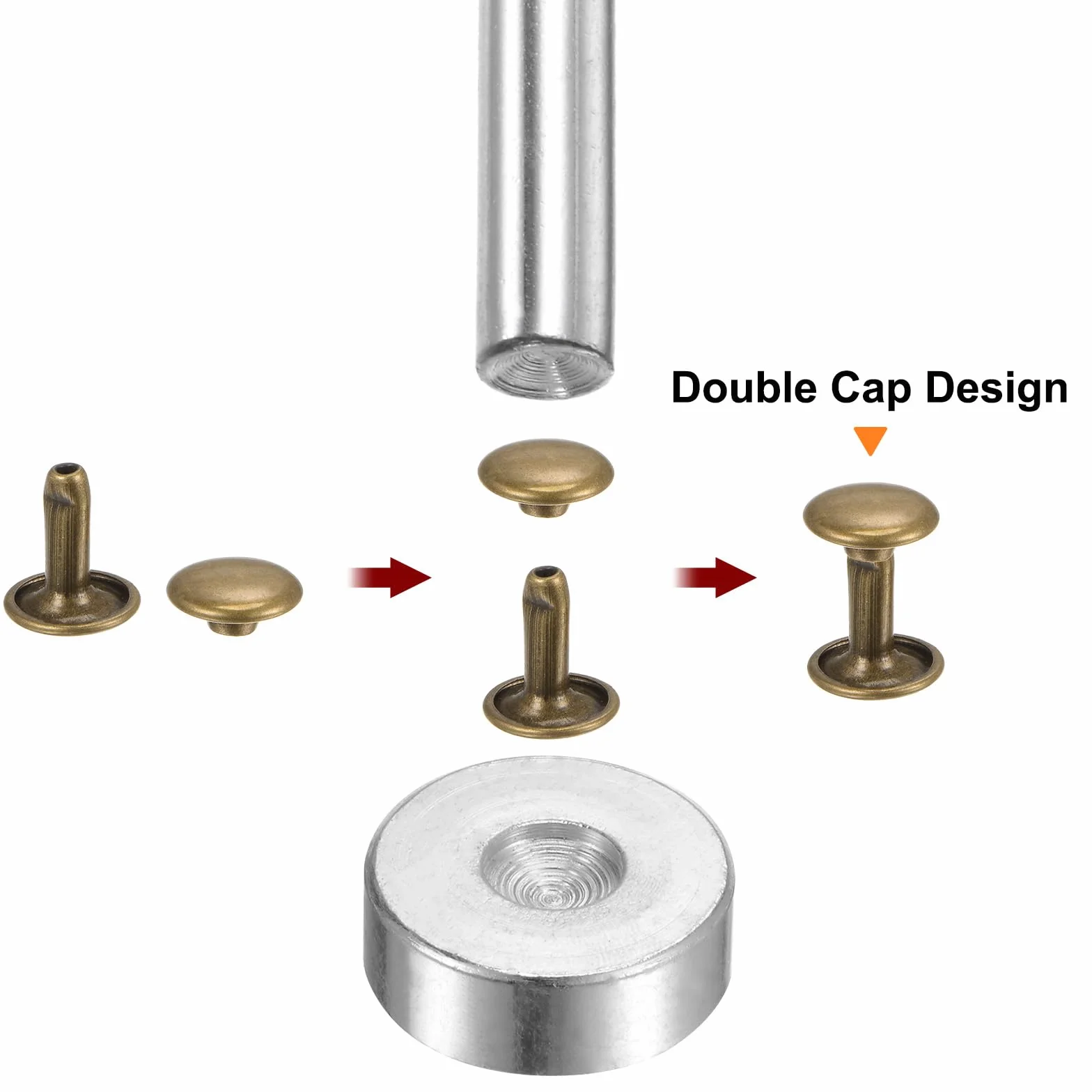 QUARKZMAN 100 Set Rivetti in Pelle 8x8mm Elementi Fissaggio Borchie Doppio Cappuccio Metallo Strumenti Impostazione Artigianato Tono Bronzo