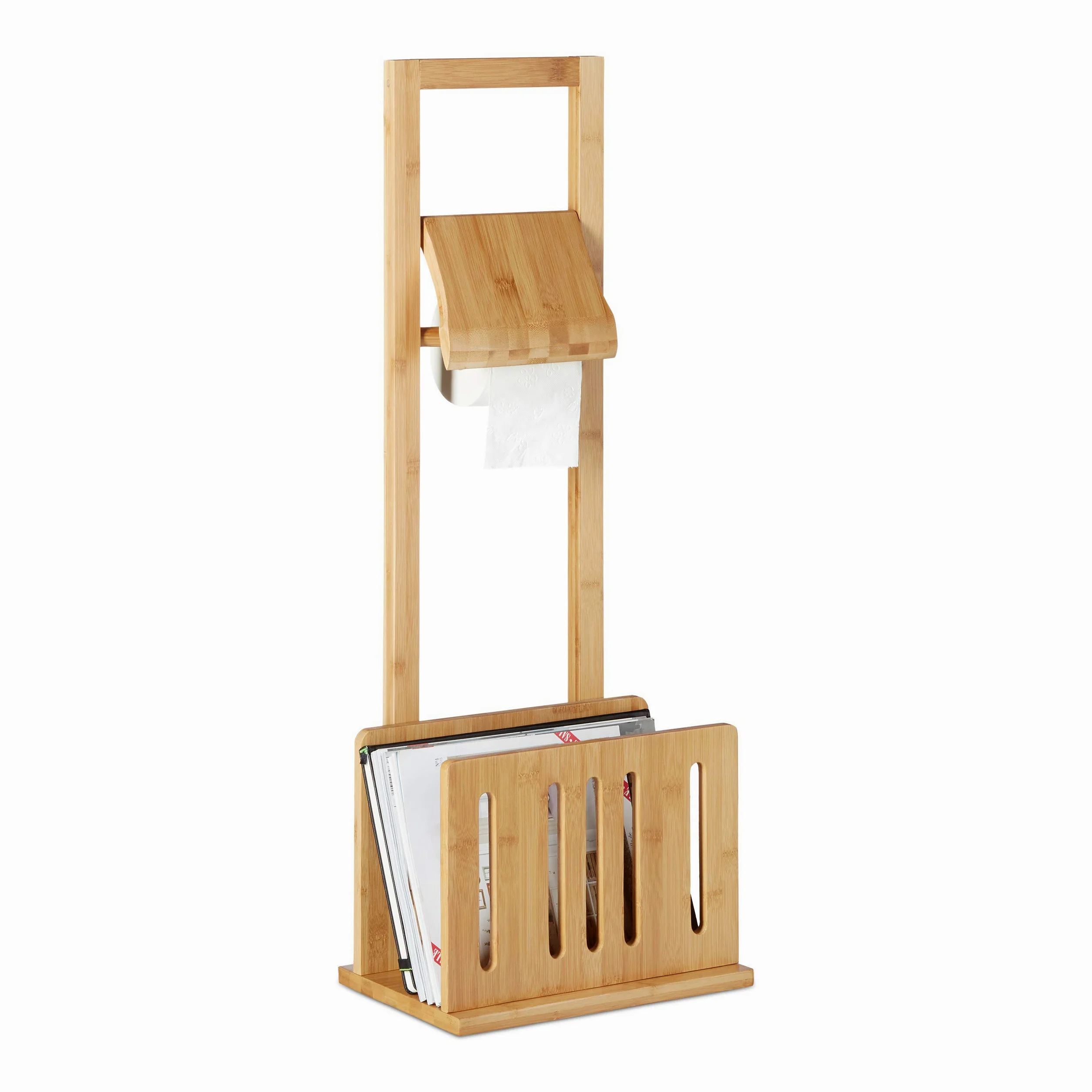 Relaxdays Porta Carta Igienica con Portariviste, bambù, Piantana da Bagno Ripiano per Riviste, 81,5x30,5x21 cm, Naturale