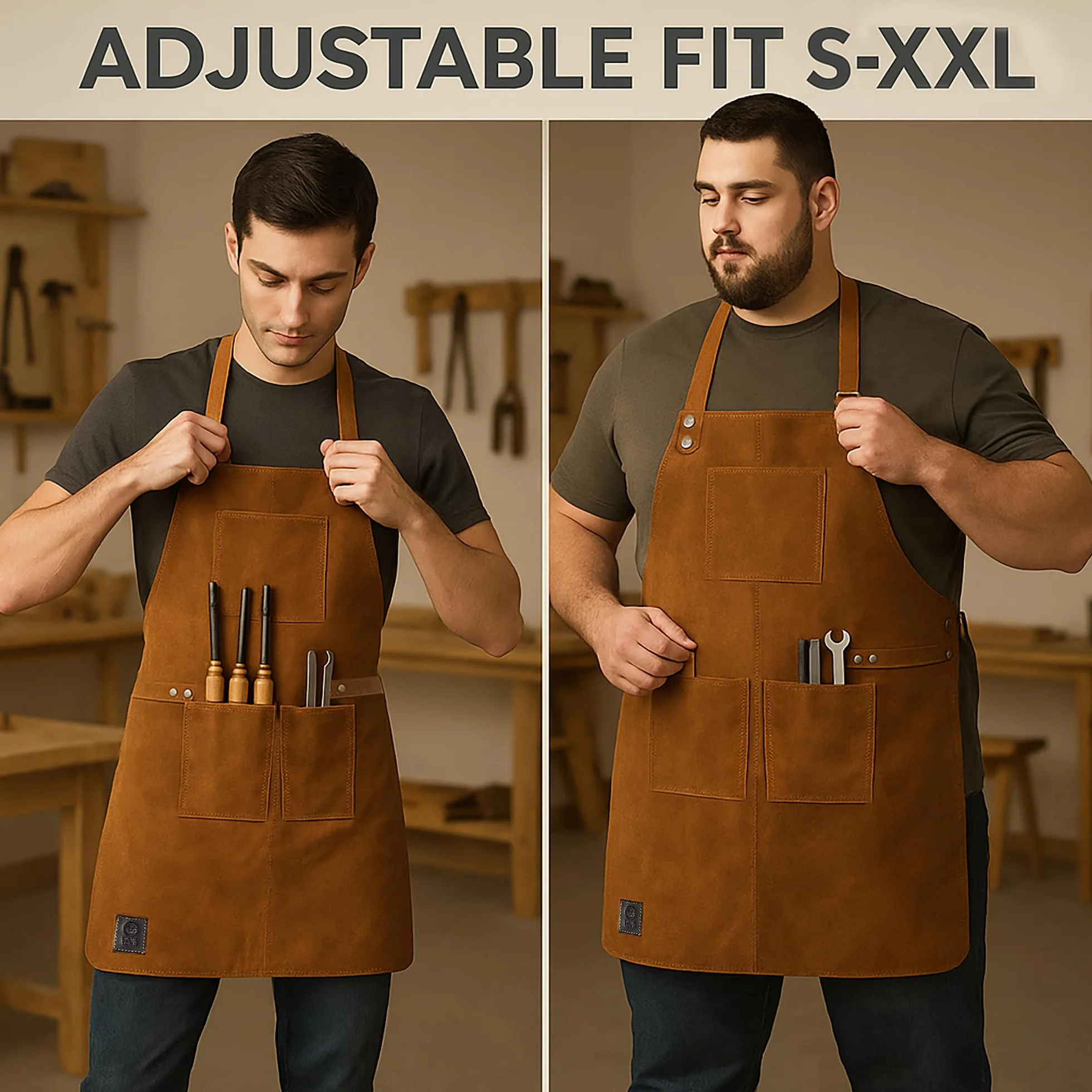 Rustic Town Genuine Leather Grill Work Apron with Tool Pockets ~ Adjustable up to XXL for Men & Women ~ Gift Ideas for Him Her