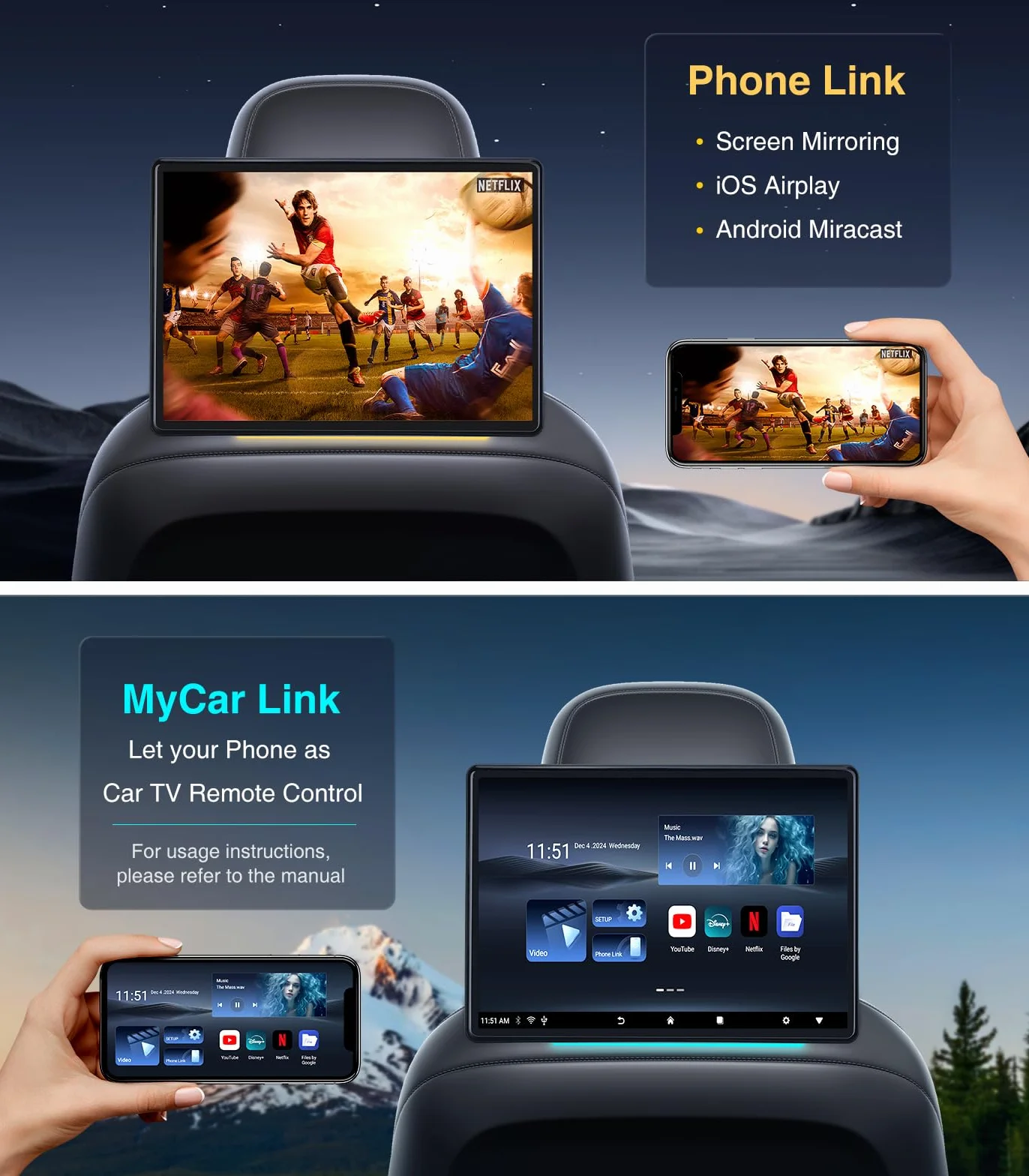 Monitor poggiatesta auto da 13,5 pollici, TV portatile per sedile posteriore, sistema di intrattenimento per sedili posteriori, mirroring wireless, riproduzione video 4K, TV per poggiatesta auto e