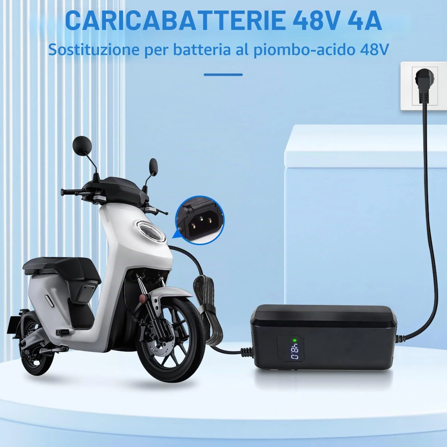 Caricatore per batteria al piombo-acido 48V 20Ah per veicoli elettrici, scooter elettrici, e-bike, caricabatterie AC-DC con display, connettore a 3 poli