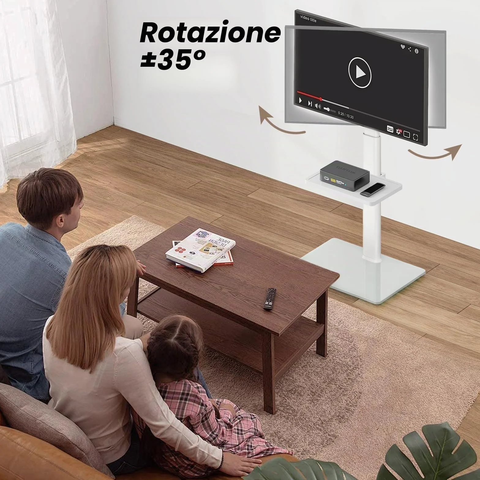 AX2006TW - Supporto universale per TV da pavimento con supporto girevole a 70 gradi, altezza regolabile a 9 livelli, design salvaspazio per la maggior parte dei televisori LCD, LED OLED da 27 a 65