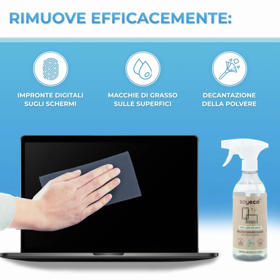 500 ml di Spray per la pulizia dello schermo + 3 panni in microfibra | Fluido per la pulizia | Per smartphone, laptop, tablet, TV, LCD/TFT, LED, OLED, monitor, orologi | Senza sbavature
