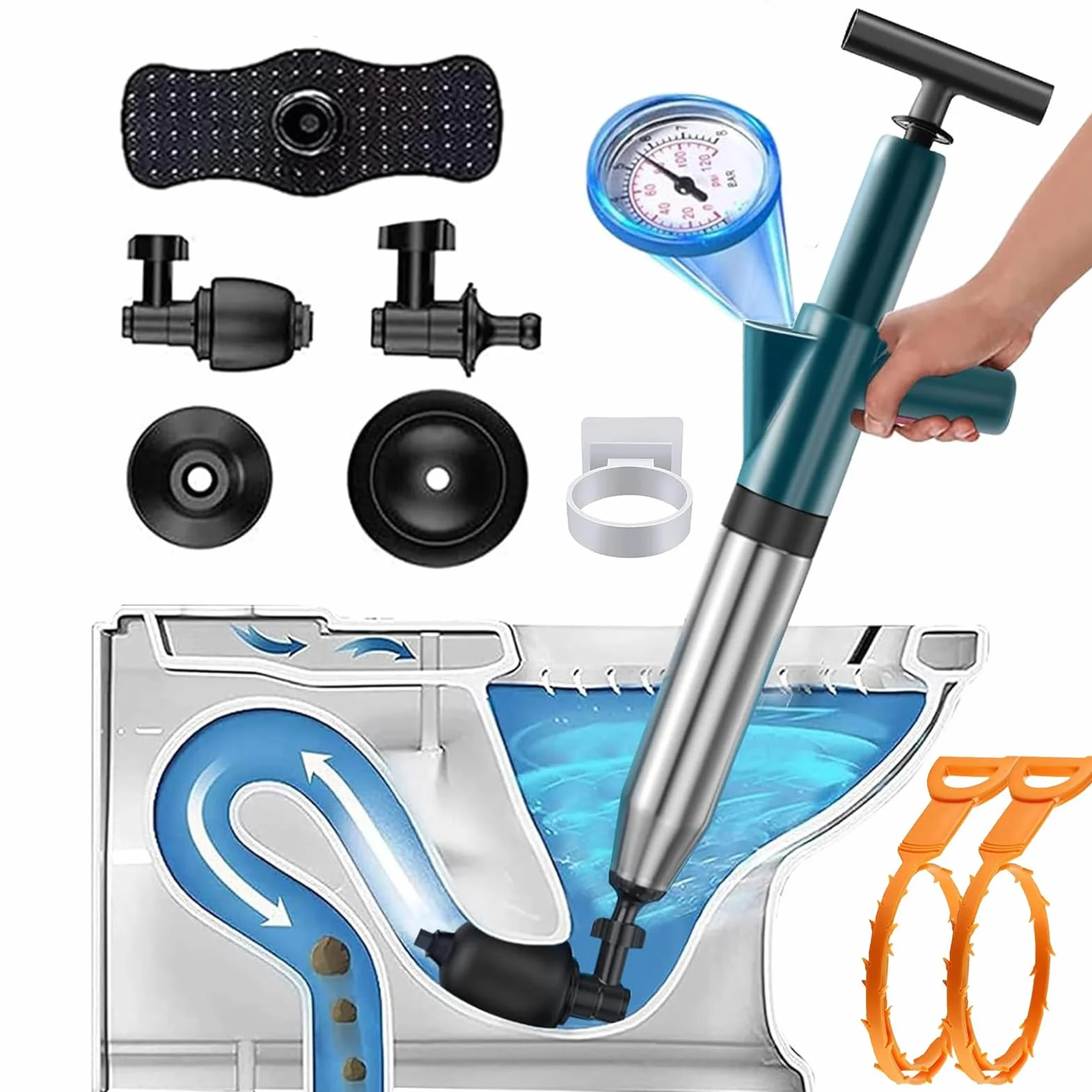 Stura WC Professionale, Pompa Scarichi a Pressione, Sturatubi Aria Compressa, 3 Ventose