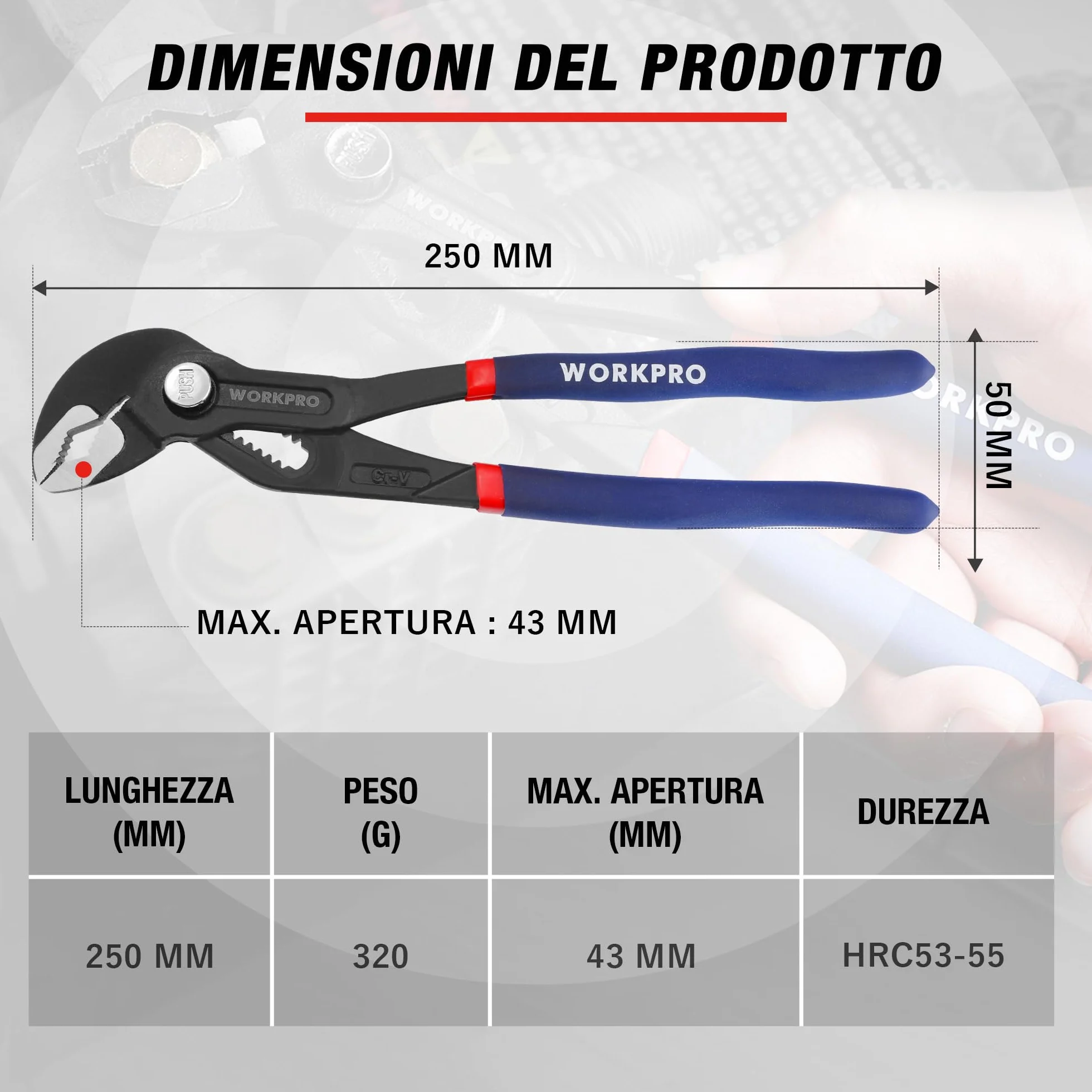 WORKPRO Pinze Regolabili per Tubi e Dadi 250mm, Pinza a Pappagallo a Regolazione Rapida