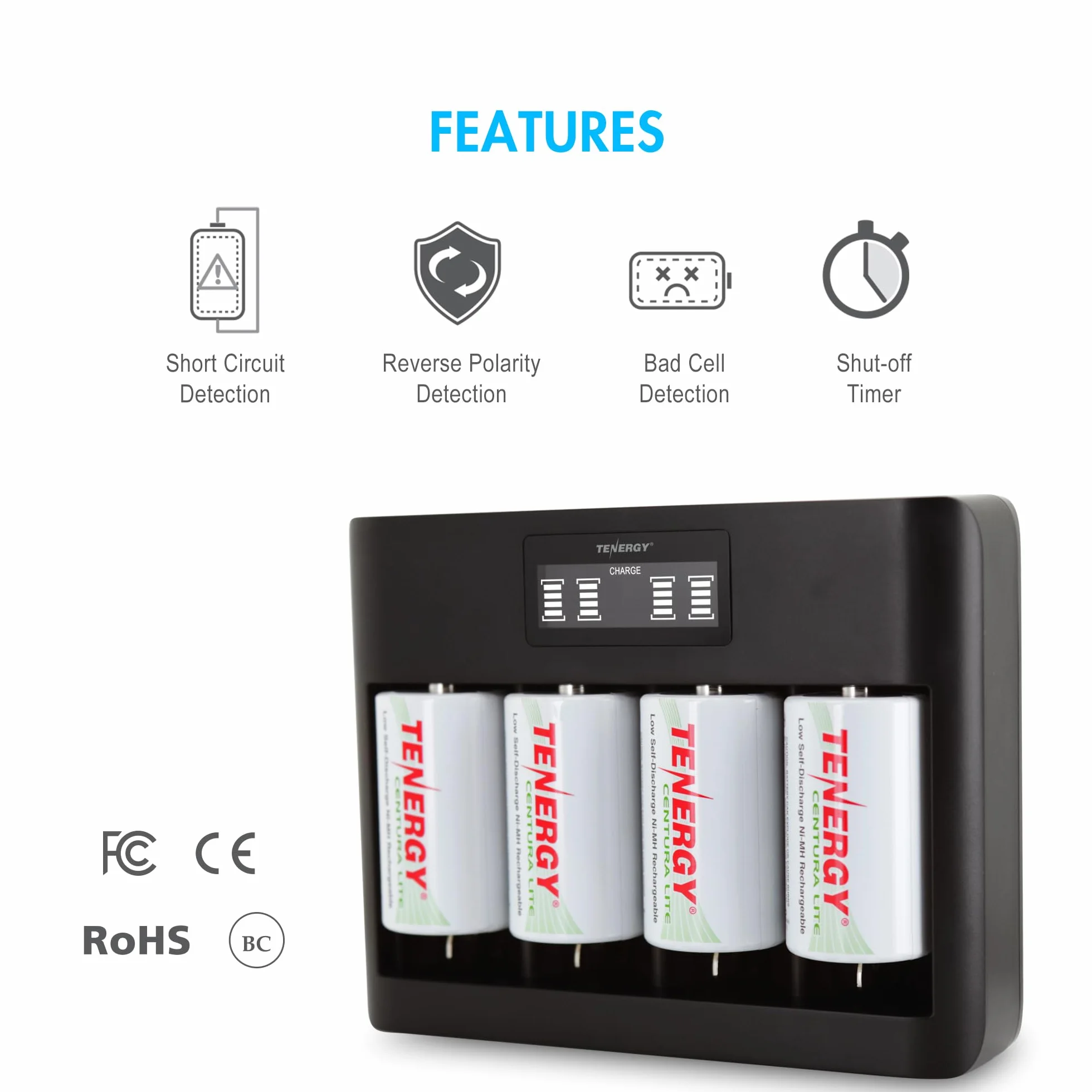 Tenergy Confezione da 4 batterie Centura Lite D Size e caricabatterie universale TN486U a 5 alloggiamenti con LCD, ingresso micro USB/tipo C